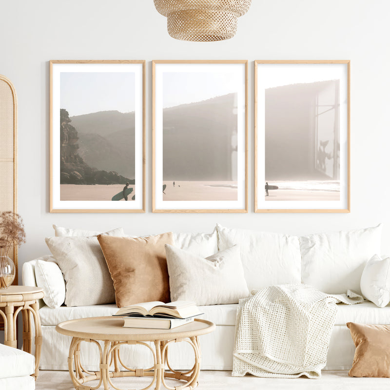 Misty Surfer Beachy Wall Art Decor- Natural Wood Framed Poster with White Border - Artworksets