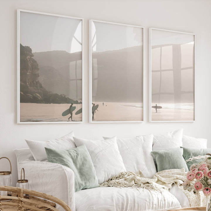 Misty Surfer Beachy Wall Art Decor - White Framed Poster No Border - Artworksets