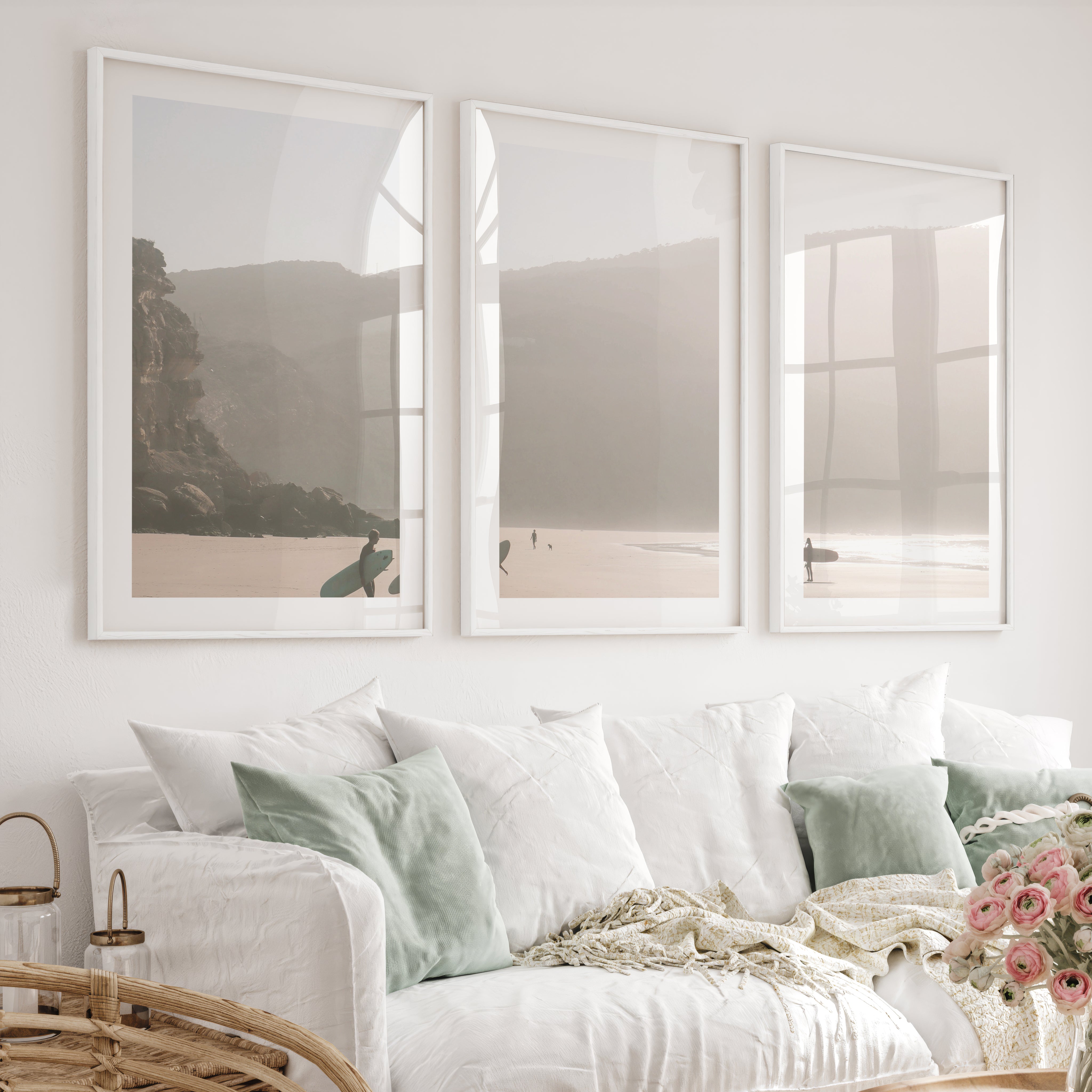 Misty Surfer Beachy Wall Art Decor - White Framed Poster with White Border - Artworksets