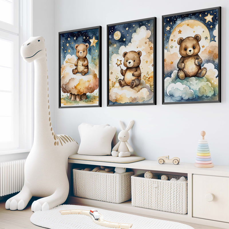 Bear Nursery Wall Decor – Starry Night Print Set (3 Pieces) - Black Framed Poster No Border - Artworksets