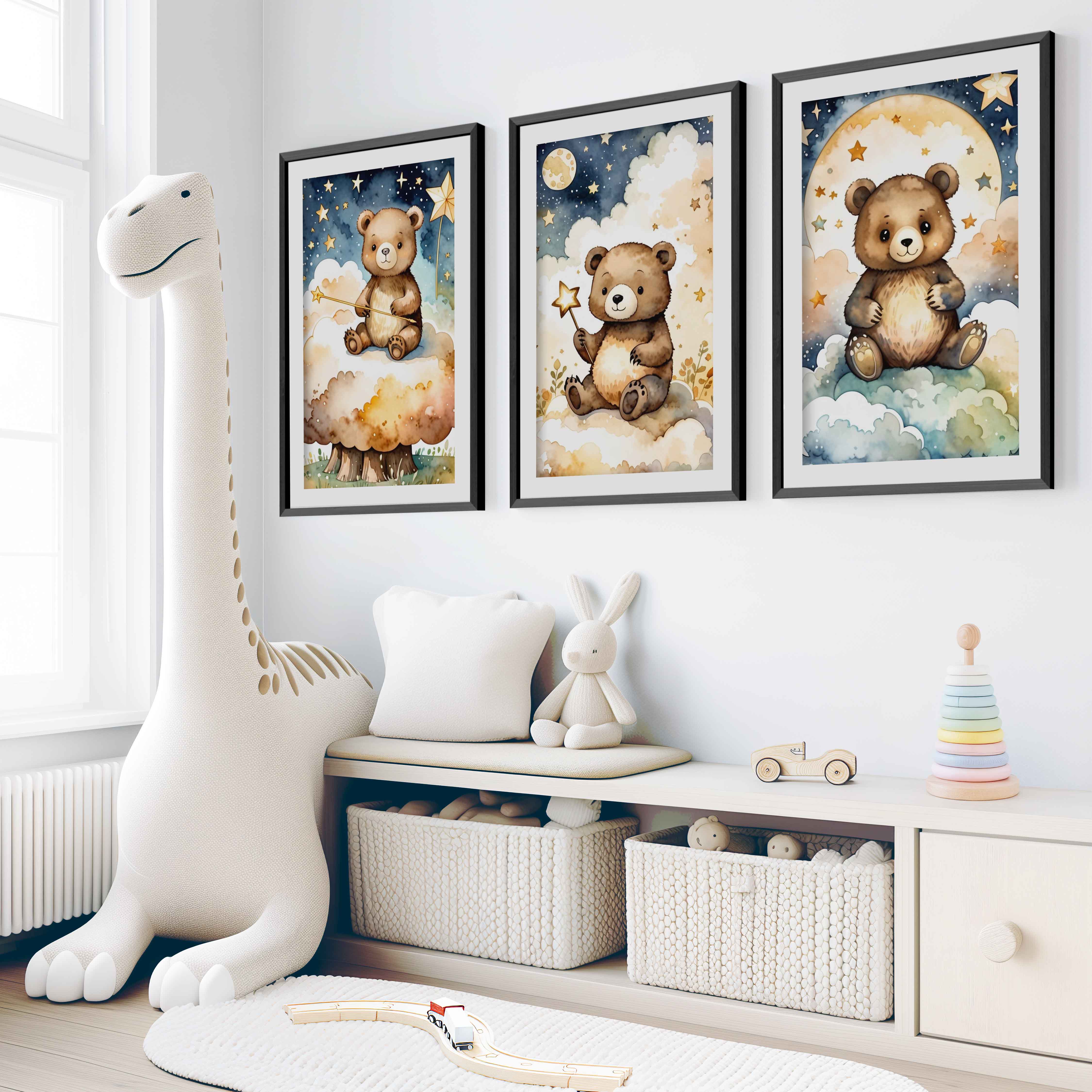 Bear Nursery Wall Decor – Starry Night Print Set (3 Pieces) - Black Framed Poster with White Border - Artworksets