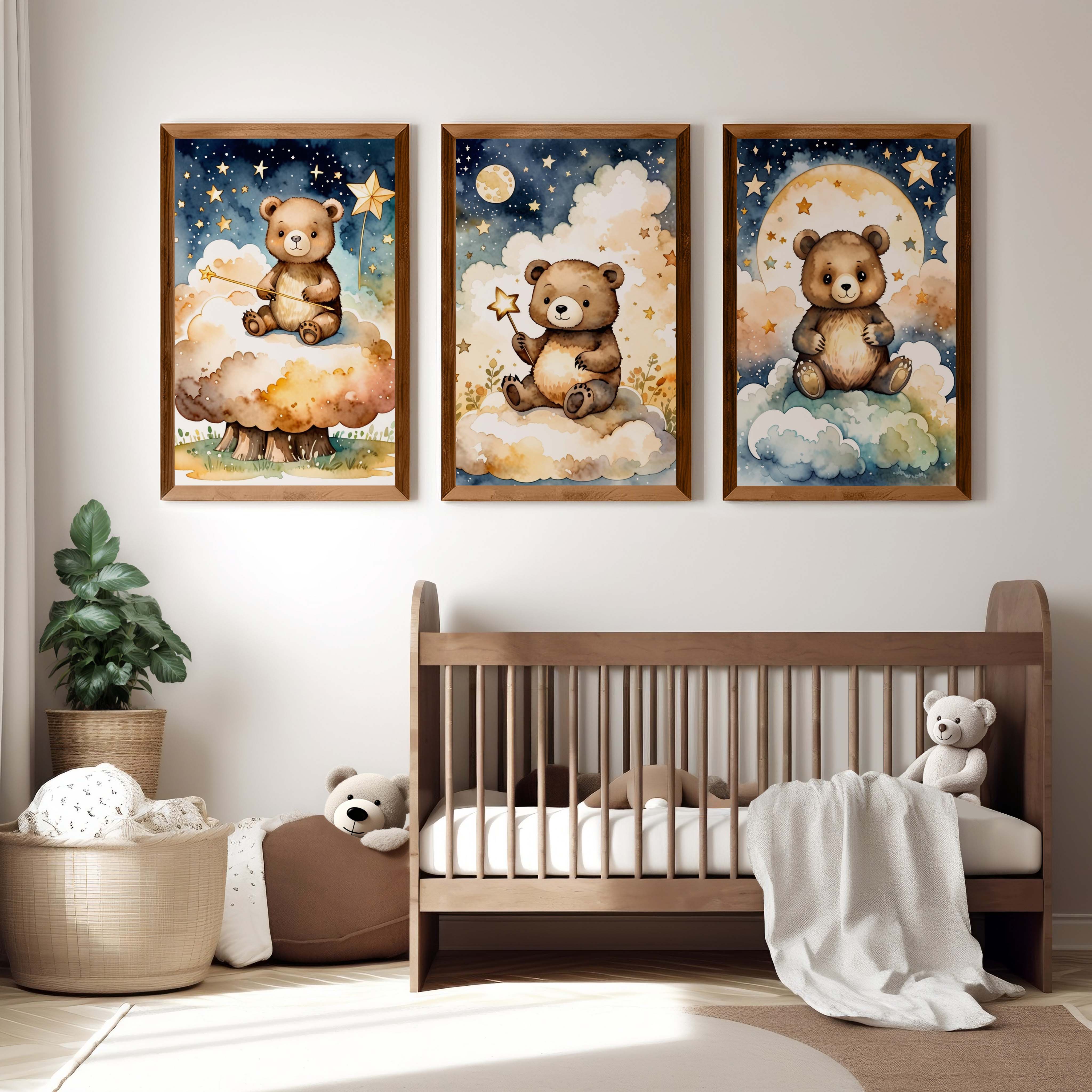 Bear Nursery Wall Decor – Starry Night Print Set (3 Pieces) - Dark Brown Framed Poster No Border - Artworksets