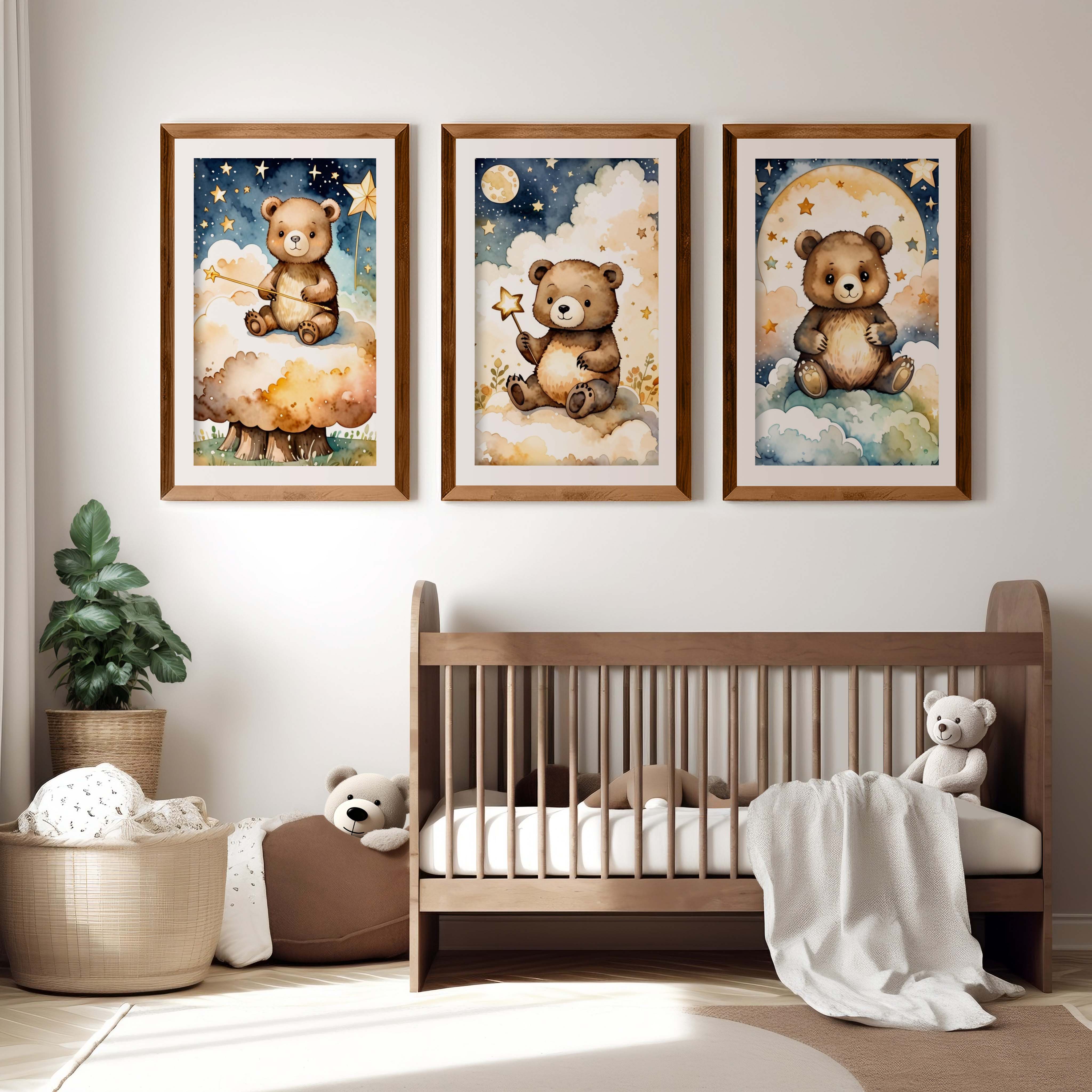 Bear Nursery Wall Decor – Starry Night Print Set (3 Pieces) - Dark Brown Framed Poster with White Border - Artworksets