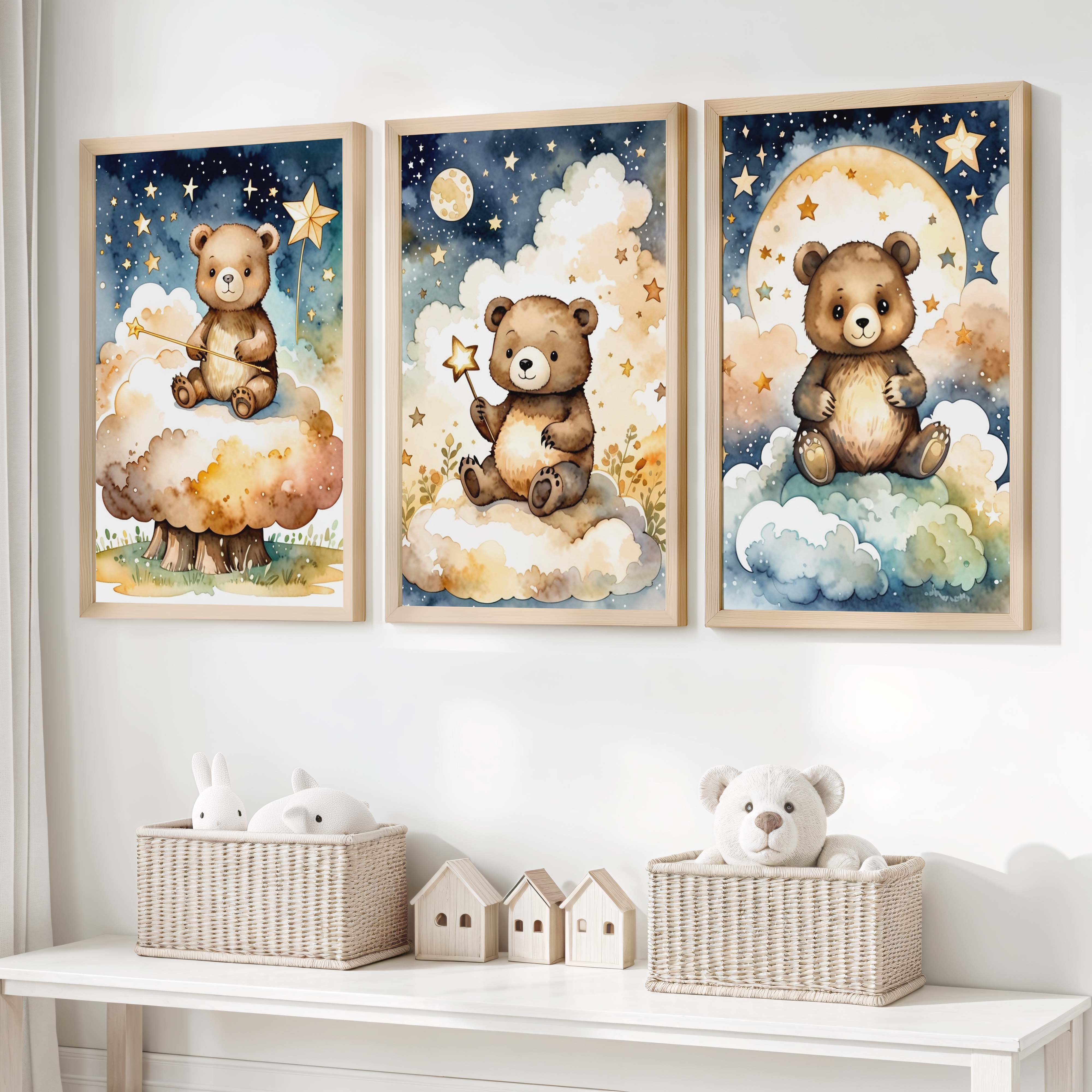 Bear Nursery Wall Decor – Starry Night Print Set (3 Pieces) - Natural Wood Framed Poster No Border - Artworksets