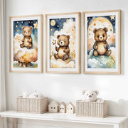 Bear Nursery Wall Decor – Starry Night Print Set (3 Pieces)- Natural Wood Framed Poster with White Border - Artworksets