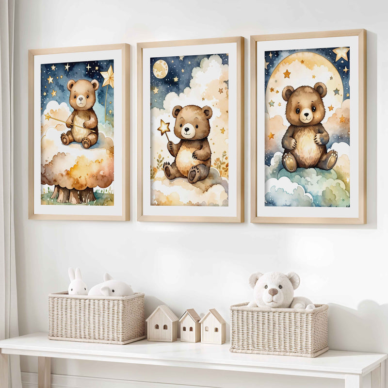 Bear Nursery Wall Decor – Starry Night Print Set (3 Pieces)- Natural Wood Framed Poster with White Border - Artworksets