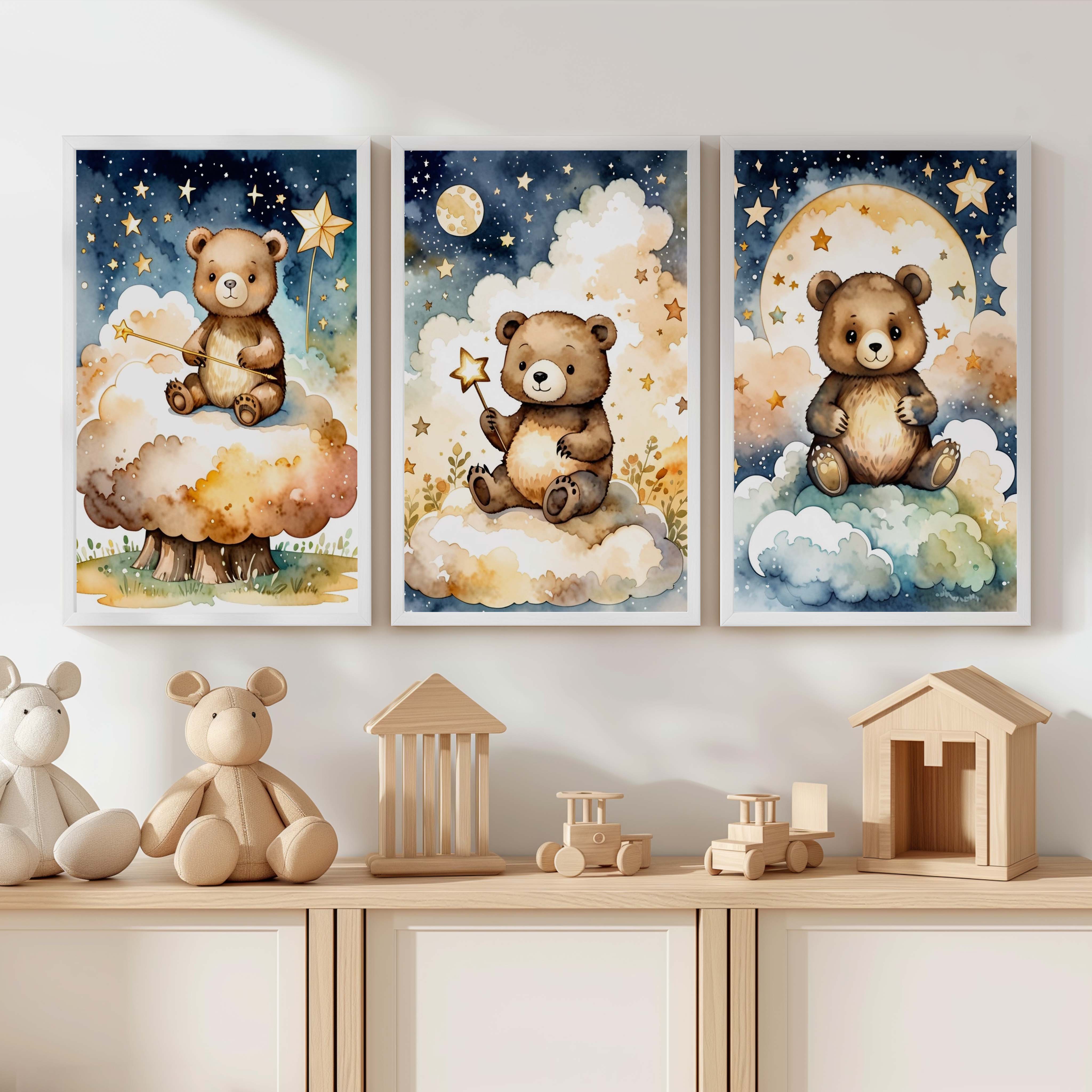 Bear Nursery Wall Decor – Starry Night Print Set (3 Pieces) - White Framed Poster No Border - Artworksets