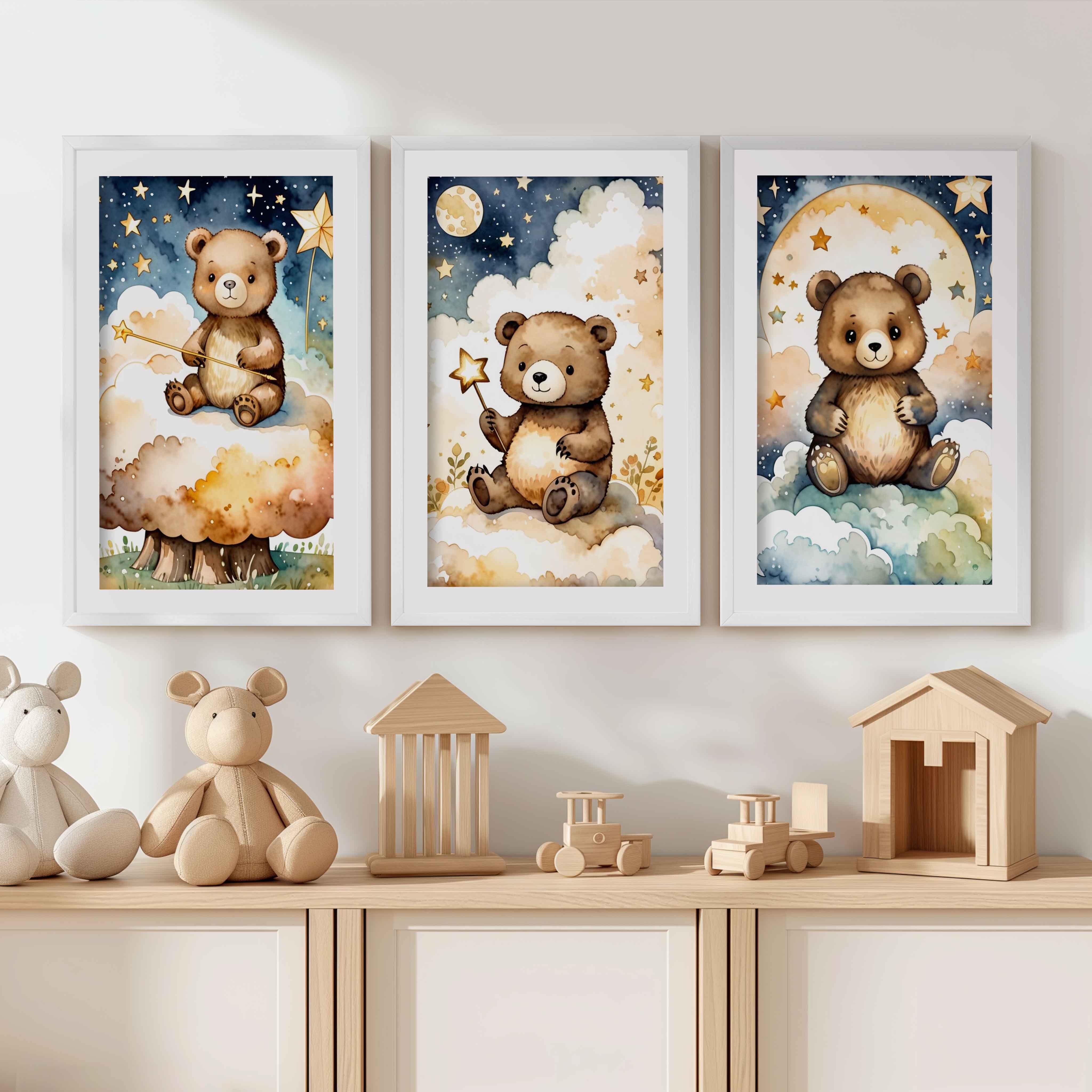Bear Nursery Wall Decor – Starry Night Print Set (3 Pieces) - White Framed Poster with White Border - Artworksets
