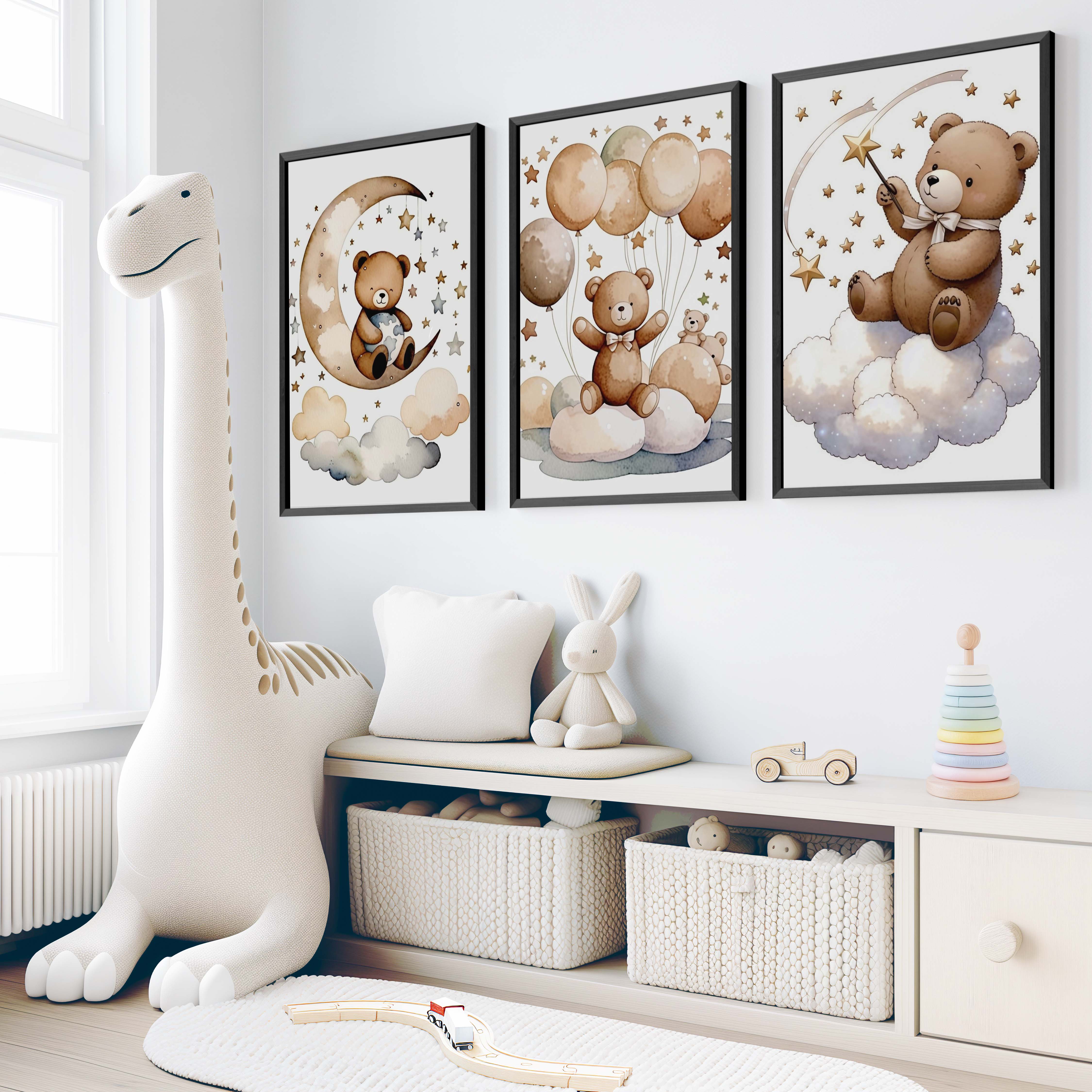 Bear Wall Art Nursery – Moon, Balloons & Magic Stars (Set of 3) - Black Framed Poster No Border - Artworksets