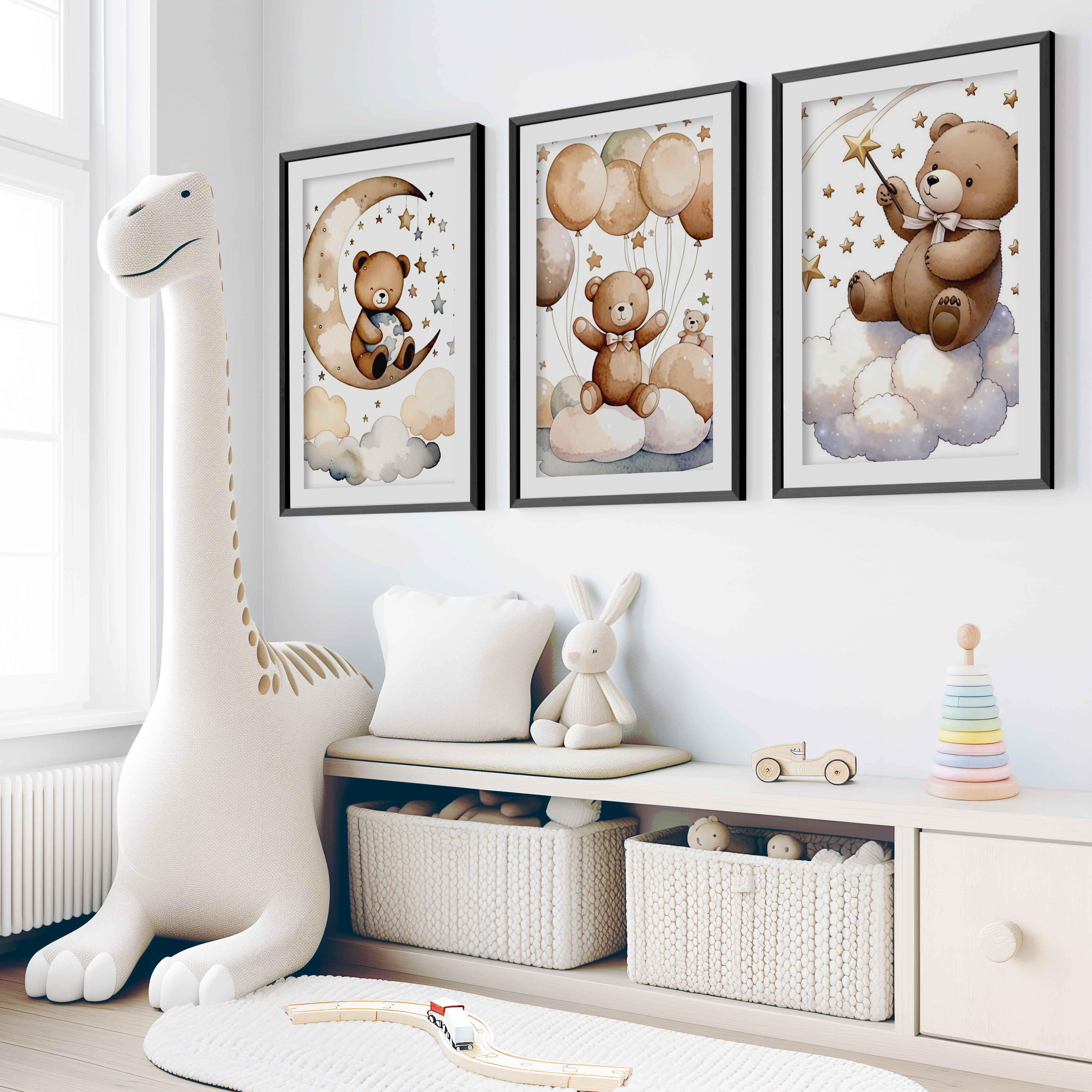 Bear Wall Art Nursery – Moon, Balloons & Magic Stars (Set of 3) - Black Framed Poster with White Border - Artworksets