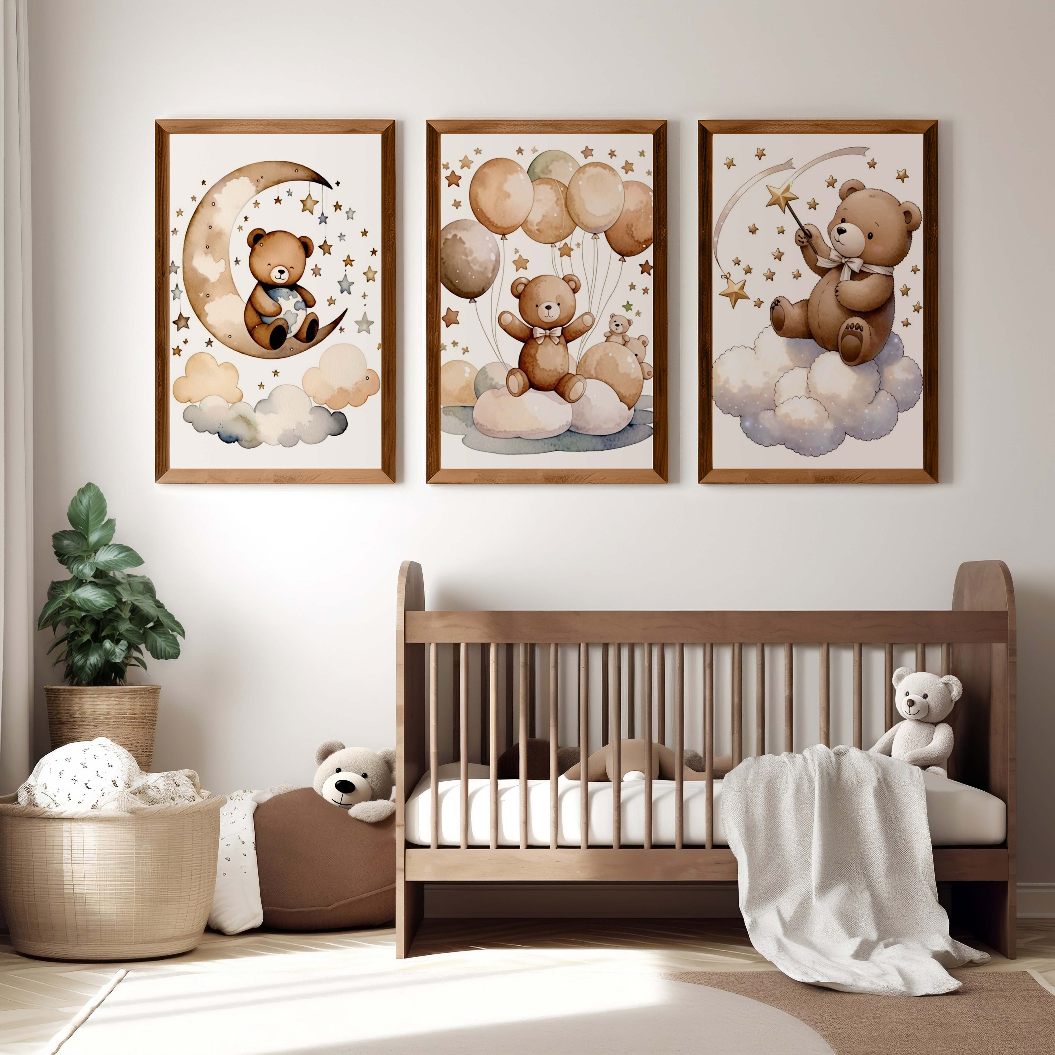 Bear Wall Art Nursery – Moon, Balloons & Magic Stars (Set of 3) - Dark Brown Framed Poster No Border - Artworksets