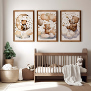 Bear Wall Art Nursery – Moon, Balloons & Magic Stars (Set of 3) - Dark Brown Framed Poster No Border - Artworksets
