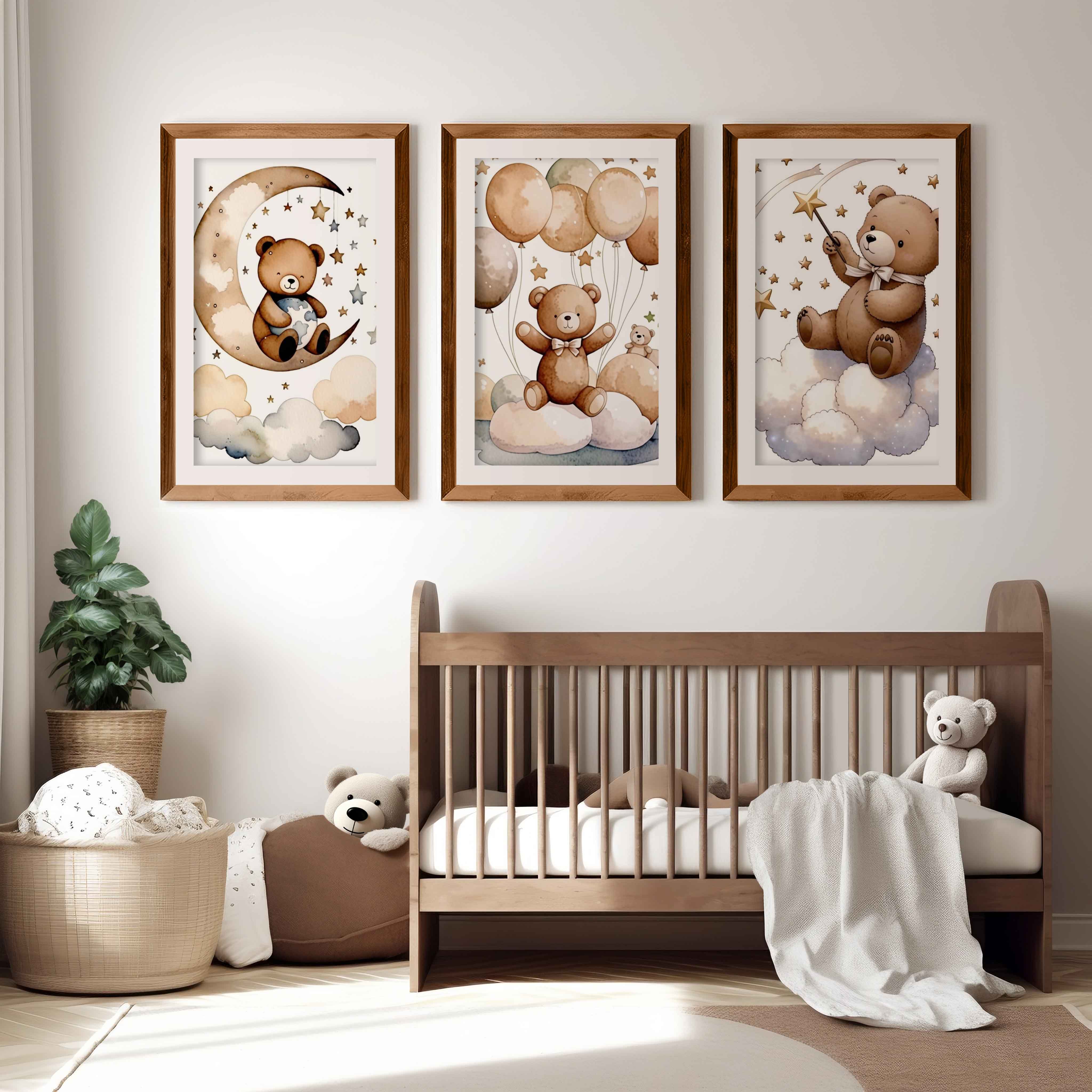 Bear Wall Art Nursery – Moon, Balloons & Magic Stars (Set of 3) - Dark Brown Framed Poster with White Border - Artworksets