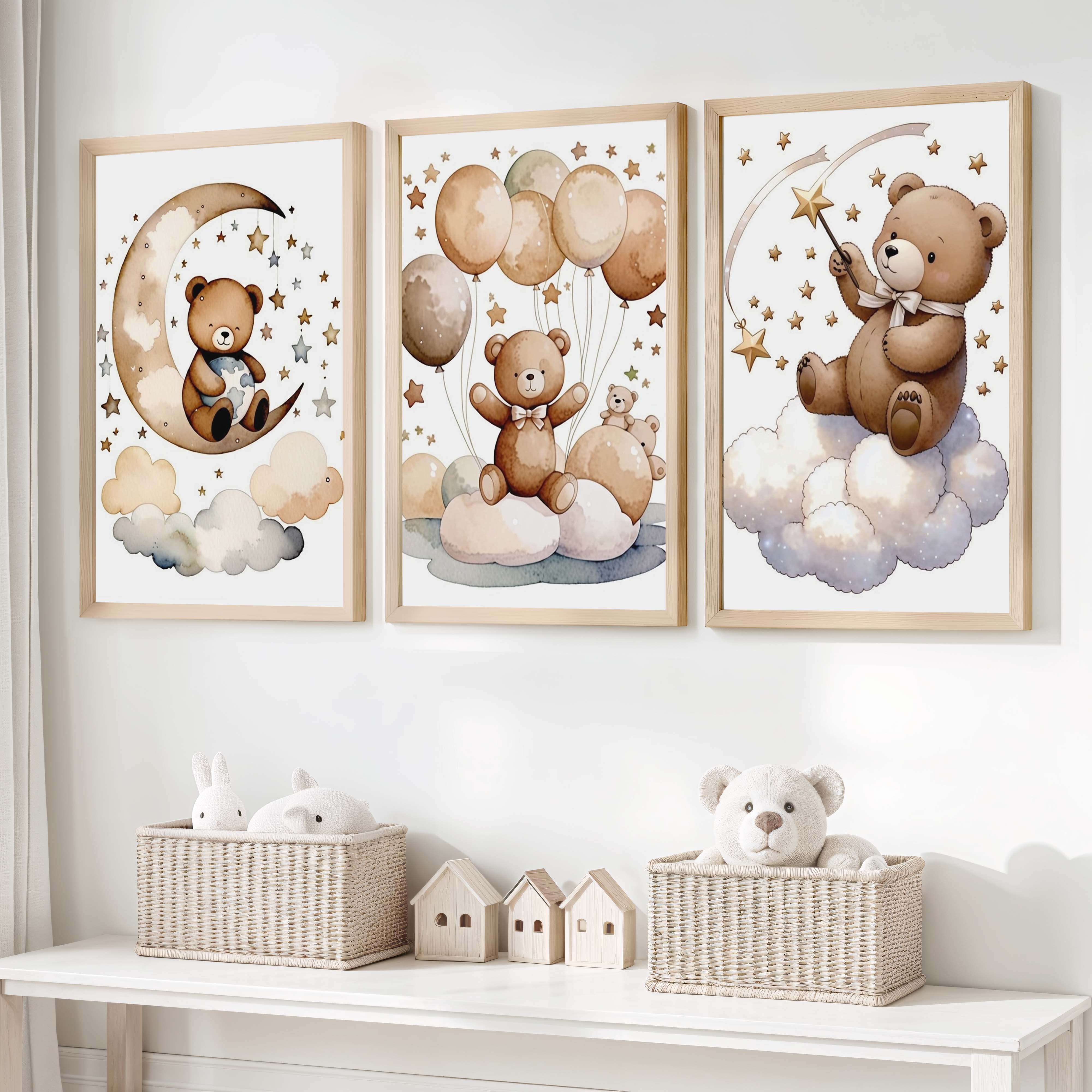 Bear Wall Art Nursery – Moon, Balloons & Magic Stars (Set of 3) - Natural Wood Framed Poster No Border - Artworksets