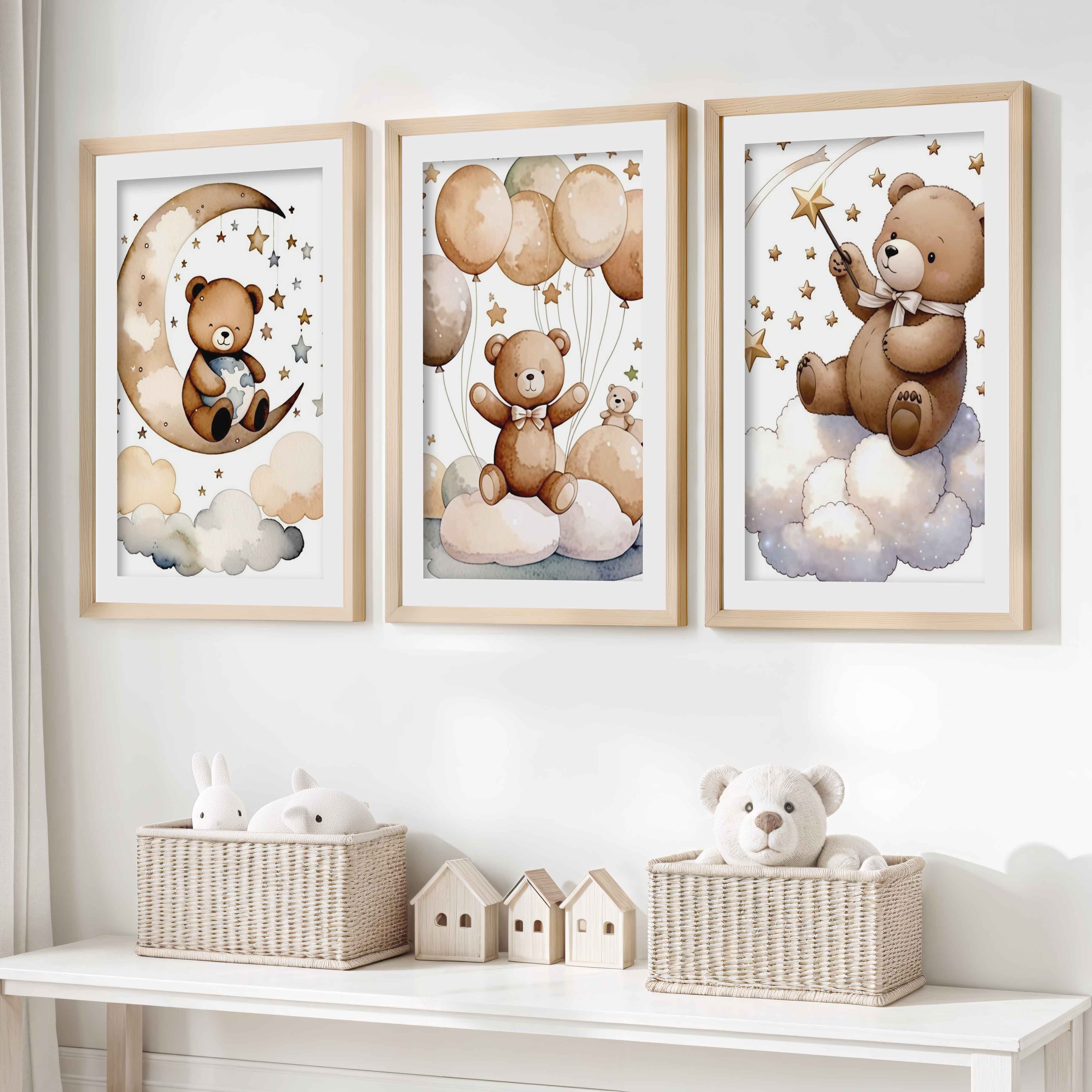 Bear Wall Art Nursery – Moon, Balloons & Magic Stars (Set of 3)- Natural Wood Framed Poster with White Border - Artworksets