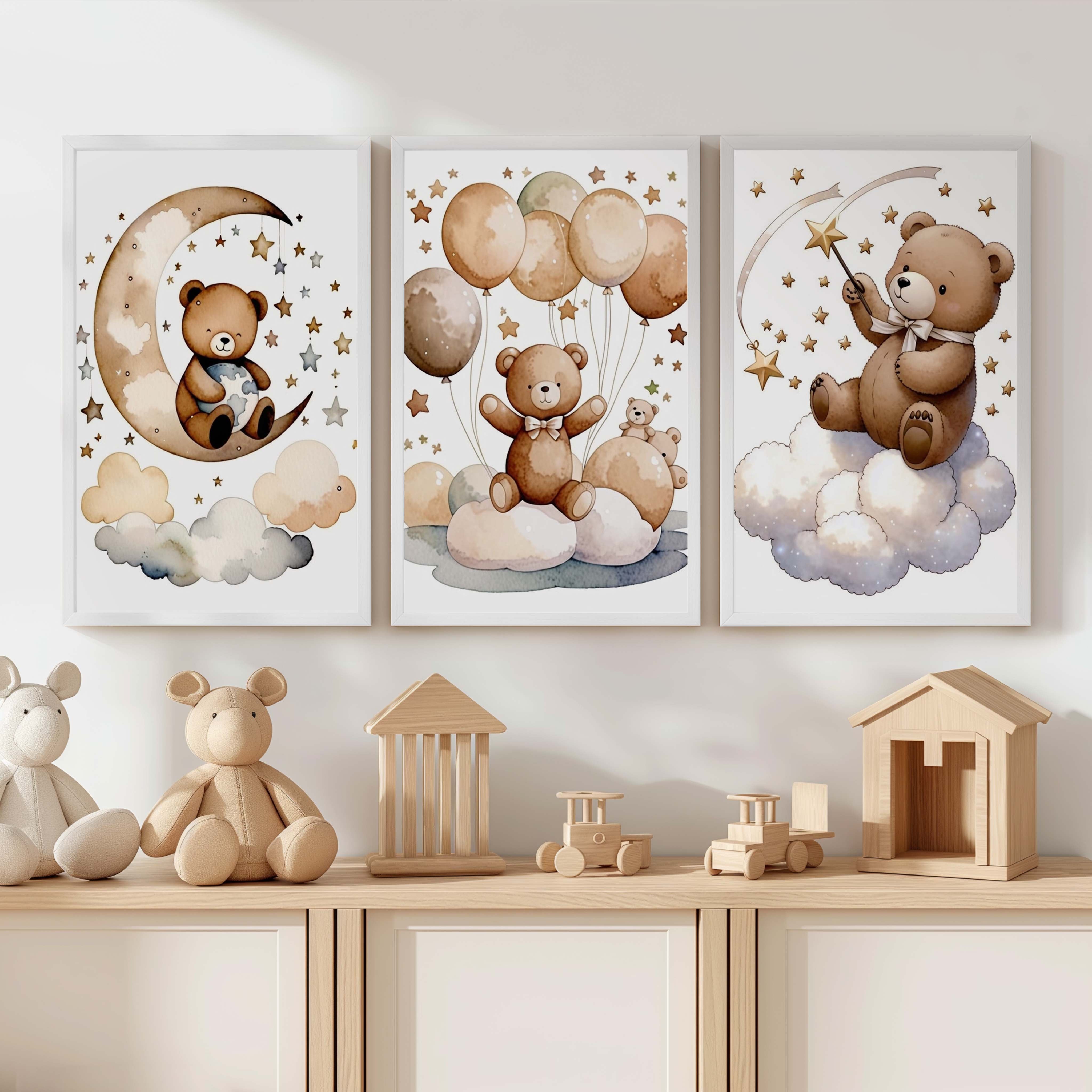 Bear Wall Art Nursery – Moon, Balloons & Magic Stars (Set of 3) - White Framed Poster No Border - Artworksets