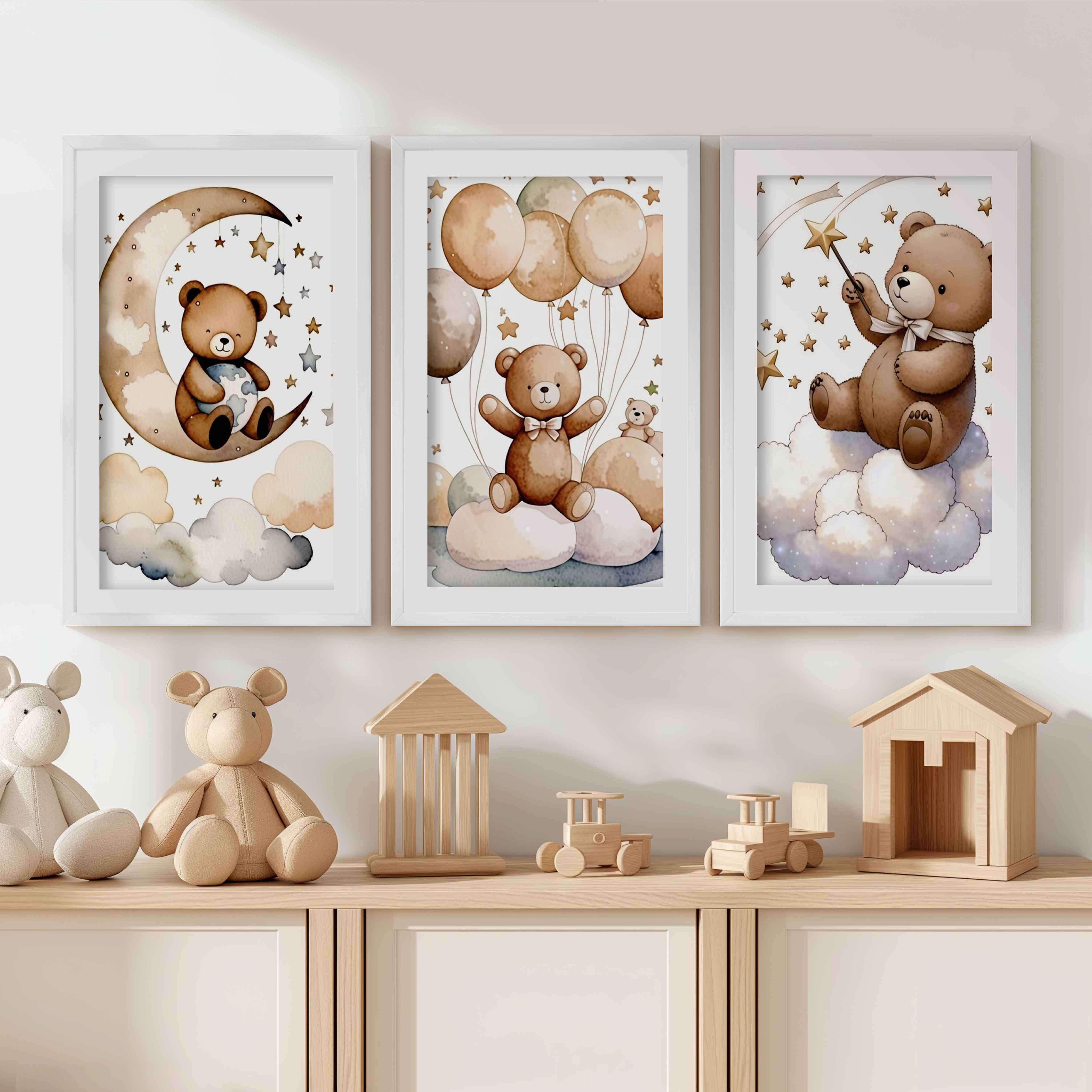 Bear Wall Art Nursery – Moon, Balloons & Magic Stars (Set of 3) - White Framed Poster with White Border - Artworksets