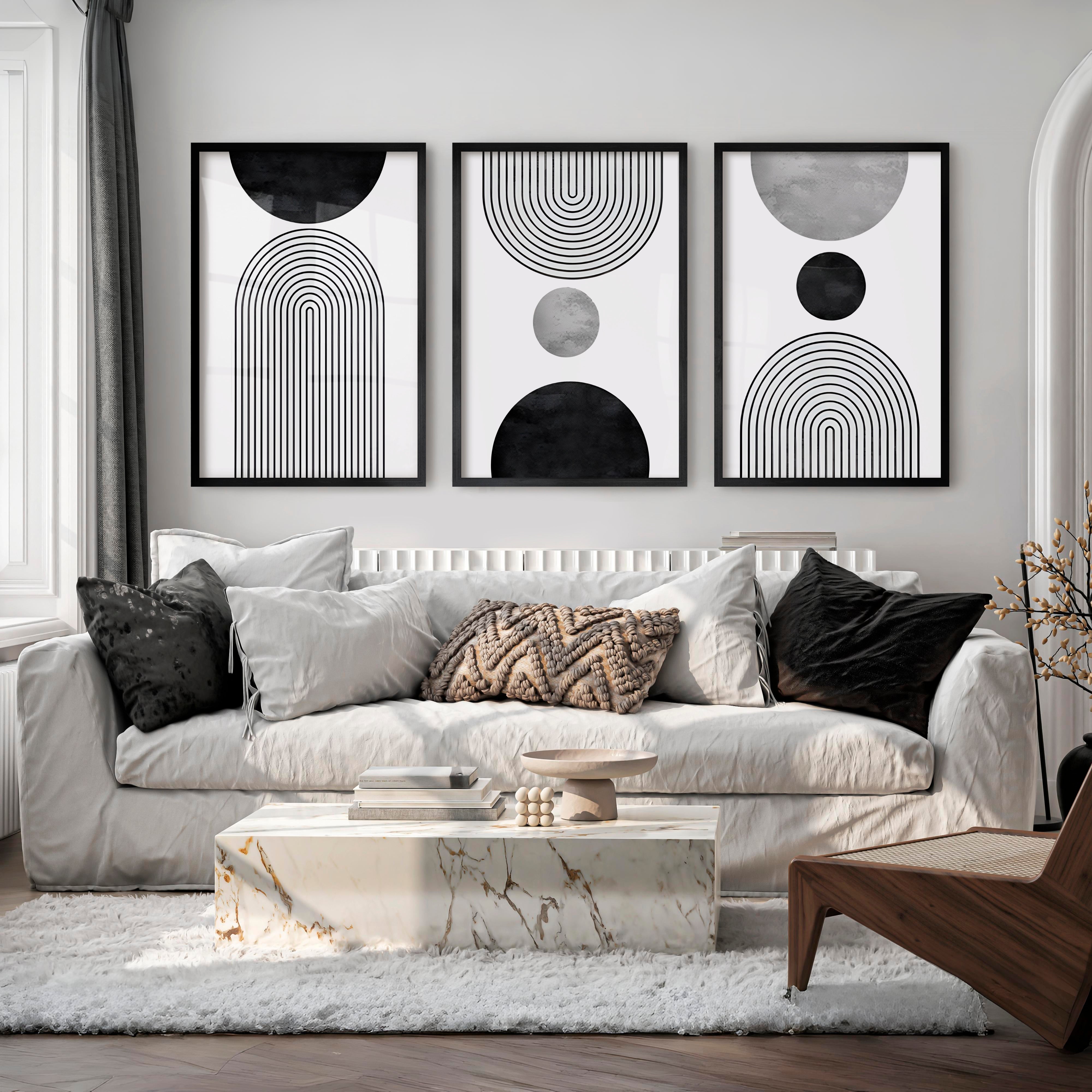 Beautiful Abstract Art Paintings Black White Geometry Set - Black Framed Poster No Border - Artworksets