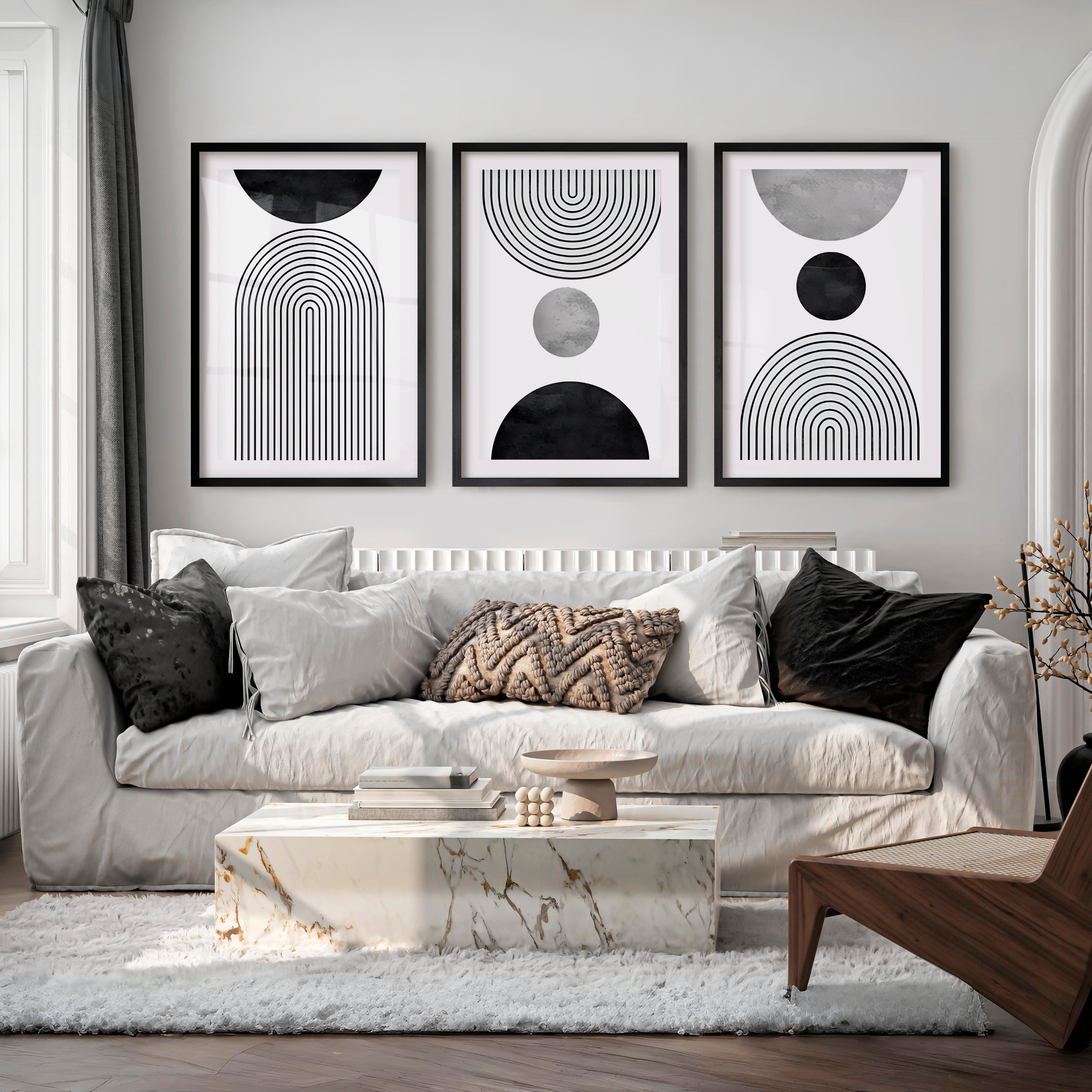 Beautiful Abstract Art Paintings Black White Geometry Set - Black Framed Poster with White Border - Artworksets