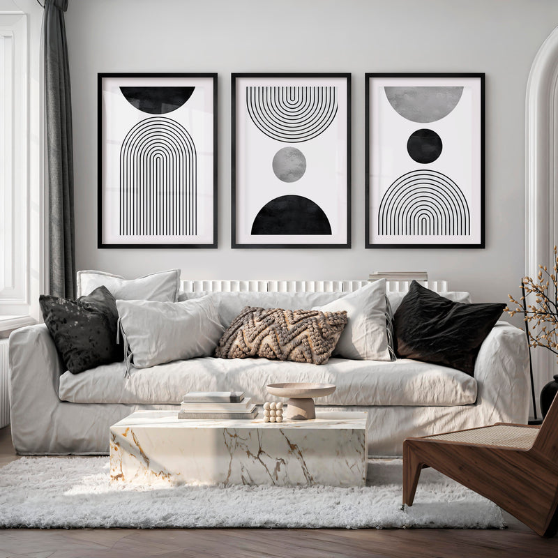 Beautiful Abstract Art Paintings Black White Geometry Set - Black Framed Poster with White Border - Artworksets
