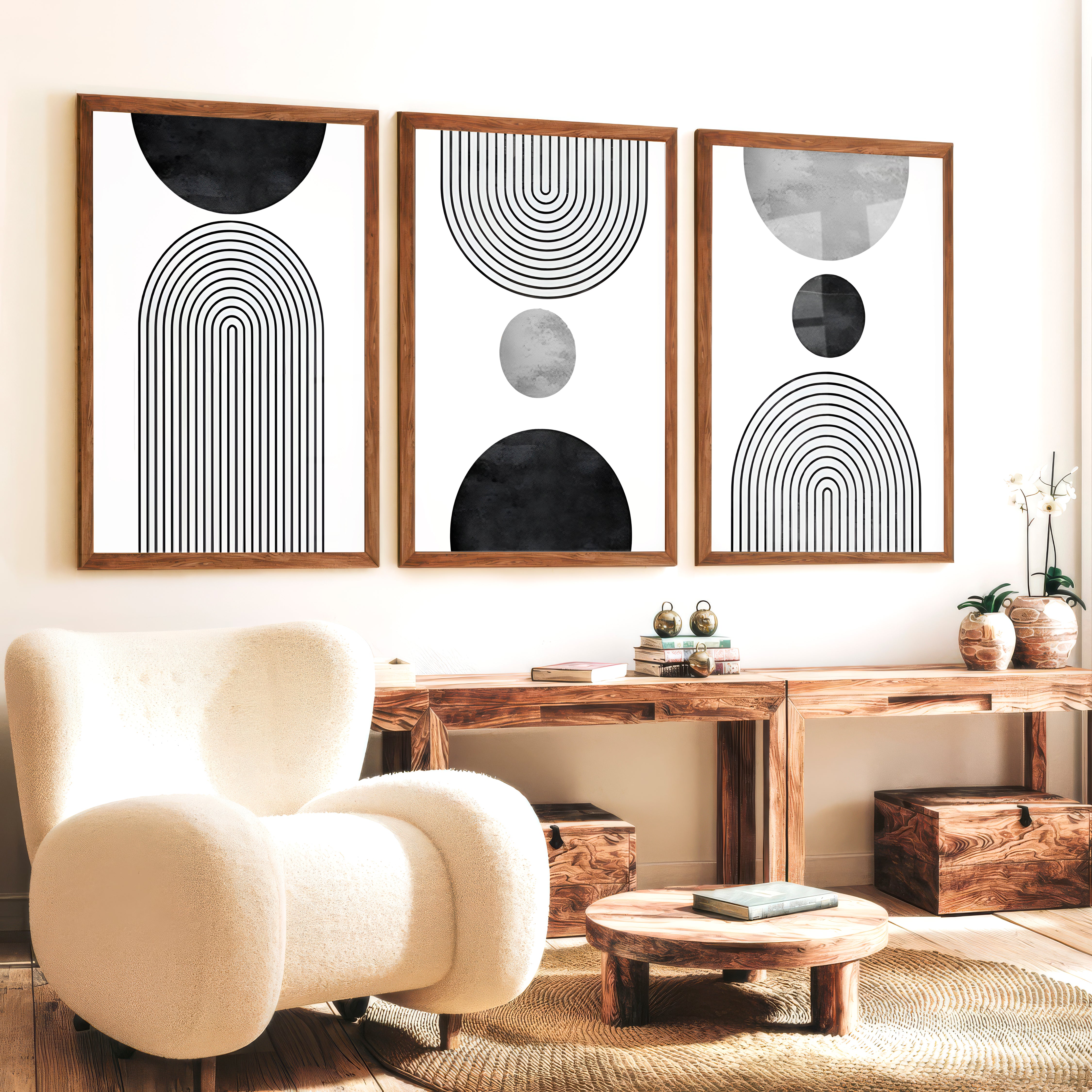 Beautiful Abstract Art Paintings Black White Geometry Set - Dark Brown Framed Poster No Border - Artworksets