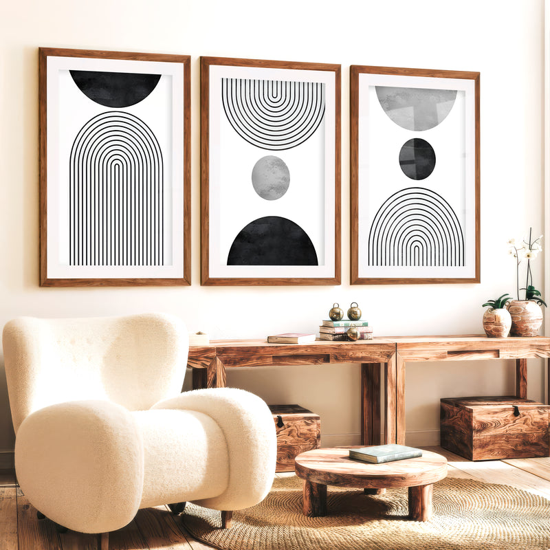Beautiful Abstract Art Paintings Black White Geometry Set - Dark Brown Framed Poster with White Border - Artworksets