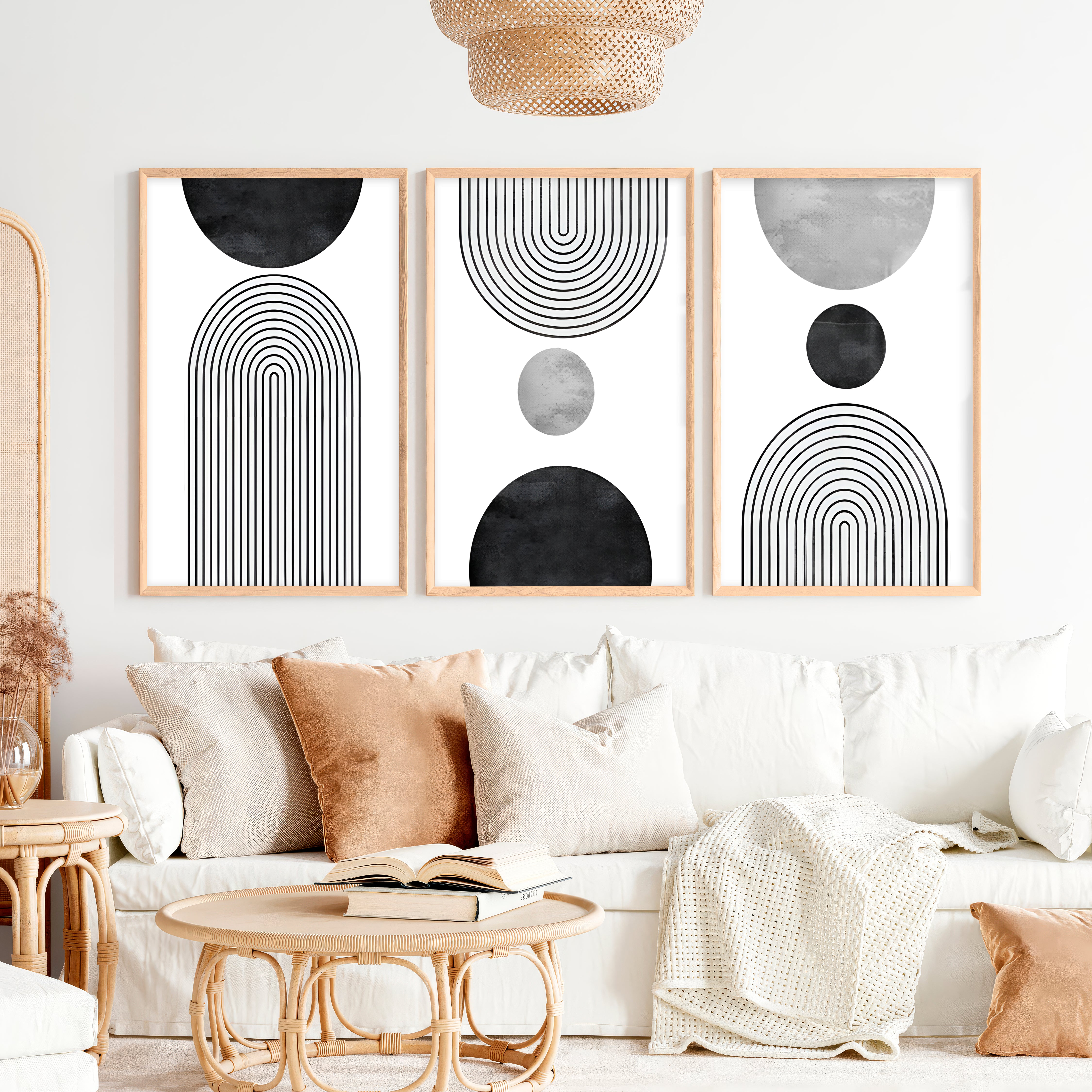 Beautiful Abstract Art Paintings Black White Geometry Set - Natural Wood Framed Poster No Border - Artworksets