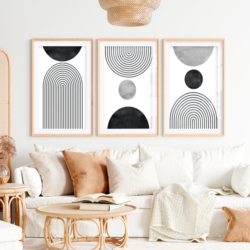 Beautiful Abstract Art Paintings Black White Geometry Set- Natural Wood Framed Poster with White Border - Artworksets