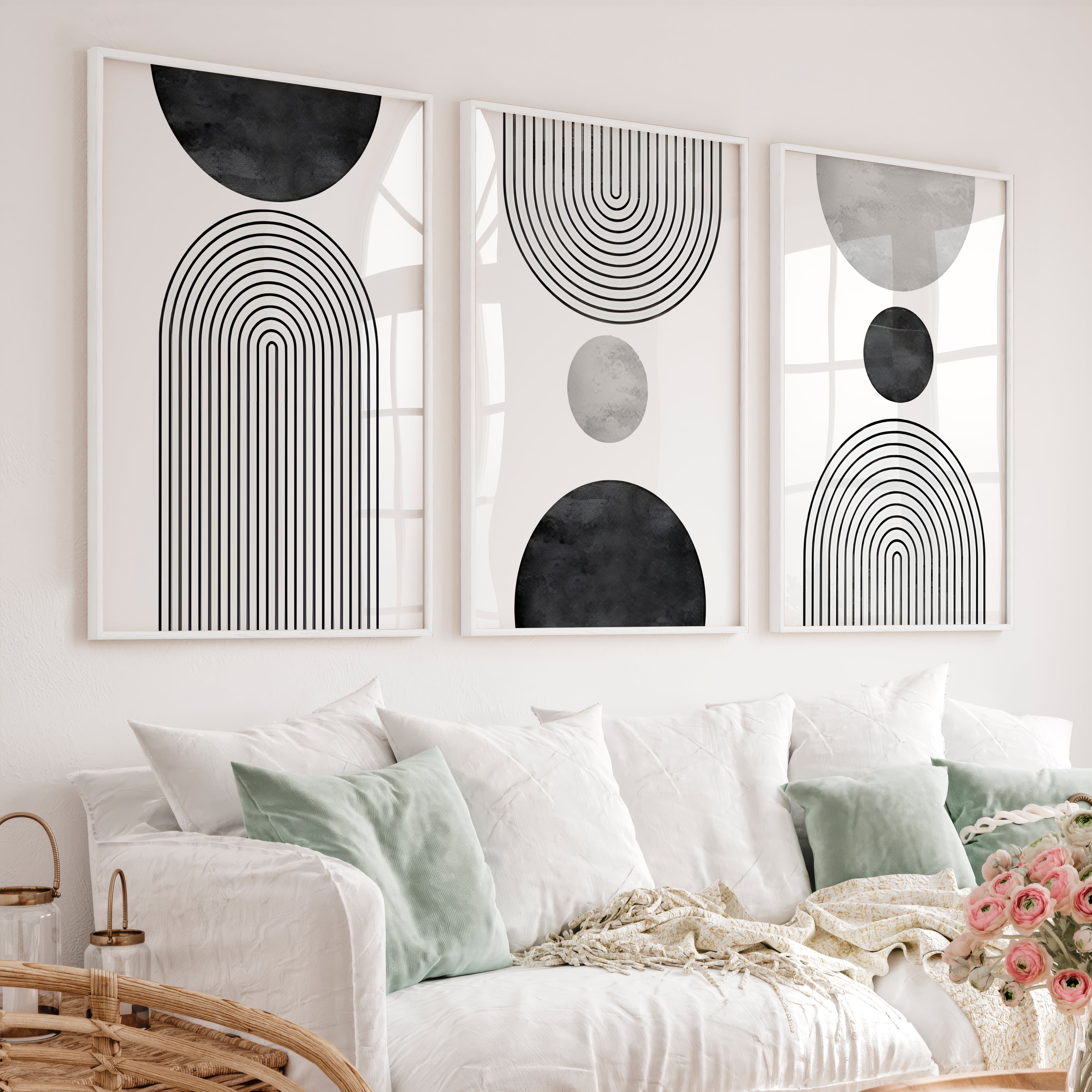 Beautiful Abstract Art Paintings Black White Geometry Set - White Framed Poster No Border - Artworksets