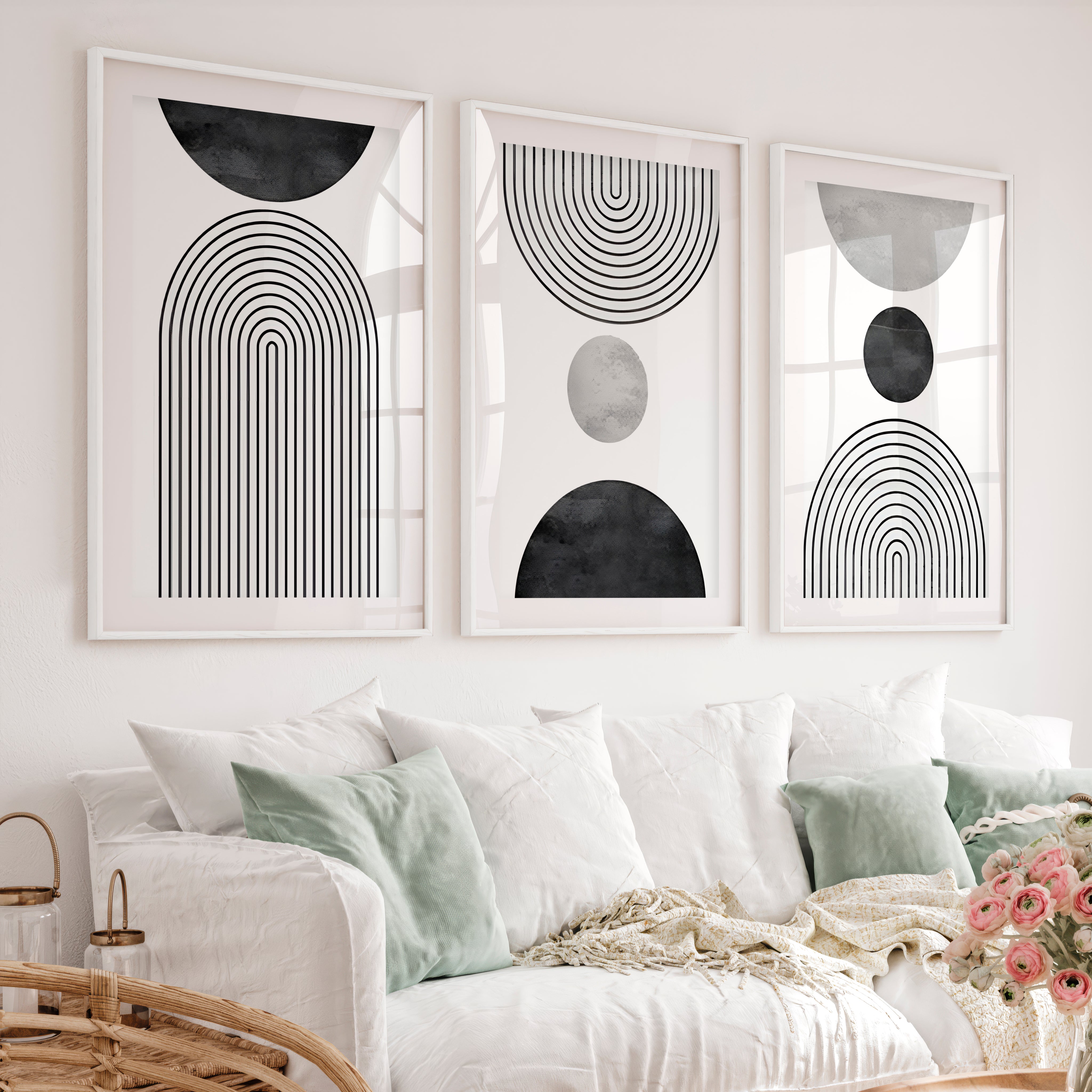 Beautiful Abstract Art Paintings Black White Geometry Set - White Framed Poster with White Border - Artworksets