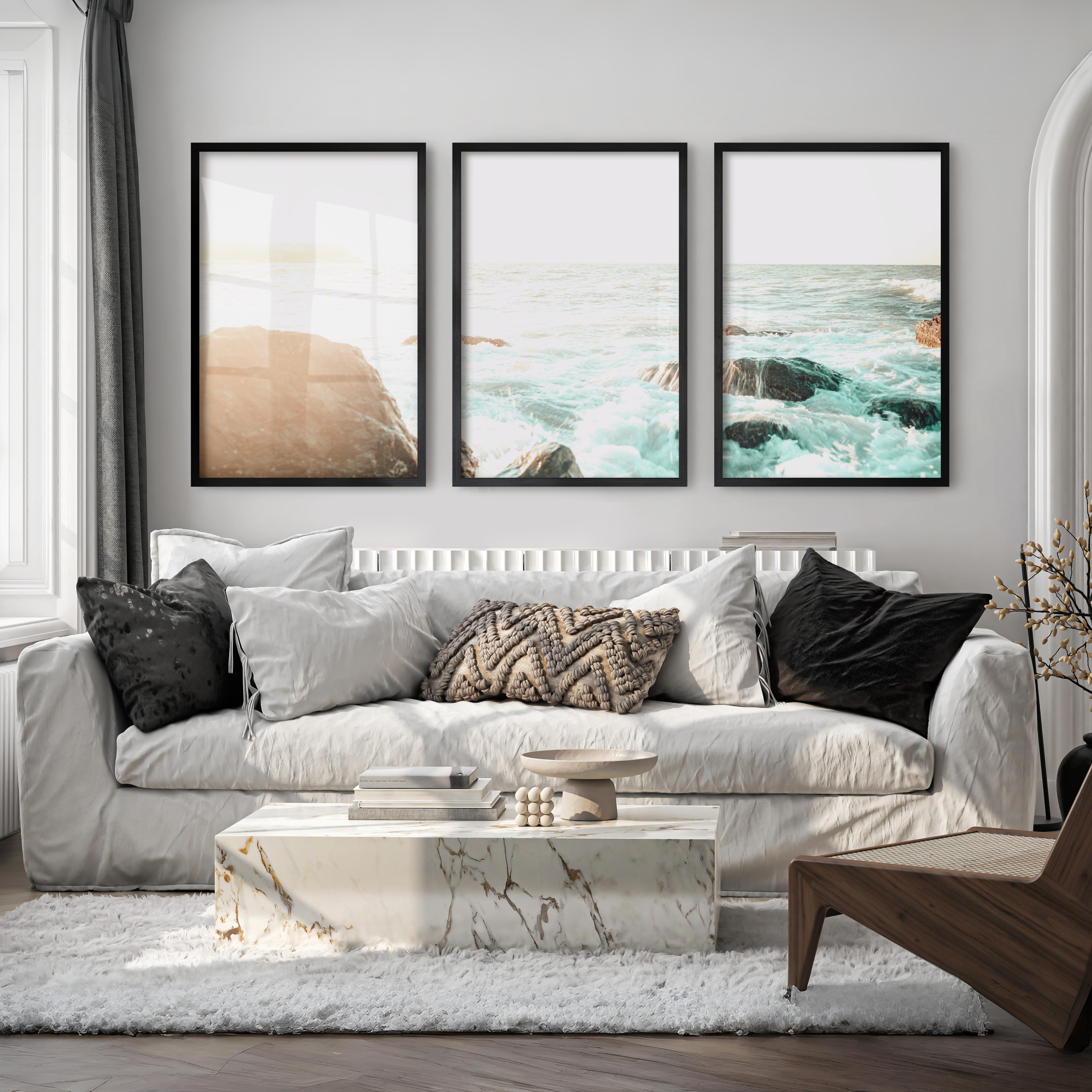 Sunlit Rock Shore beautiful ocean art - Black Framed Poster No Border - Artworksets