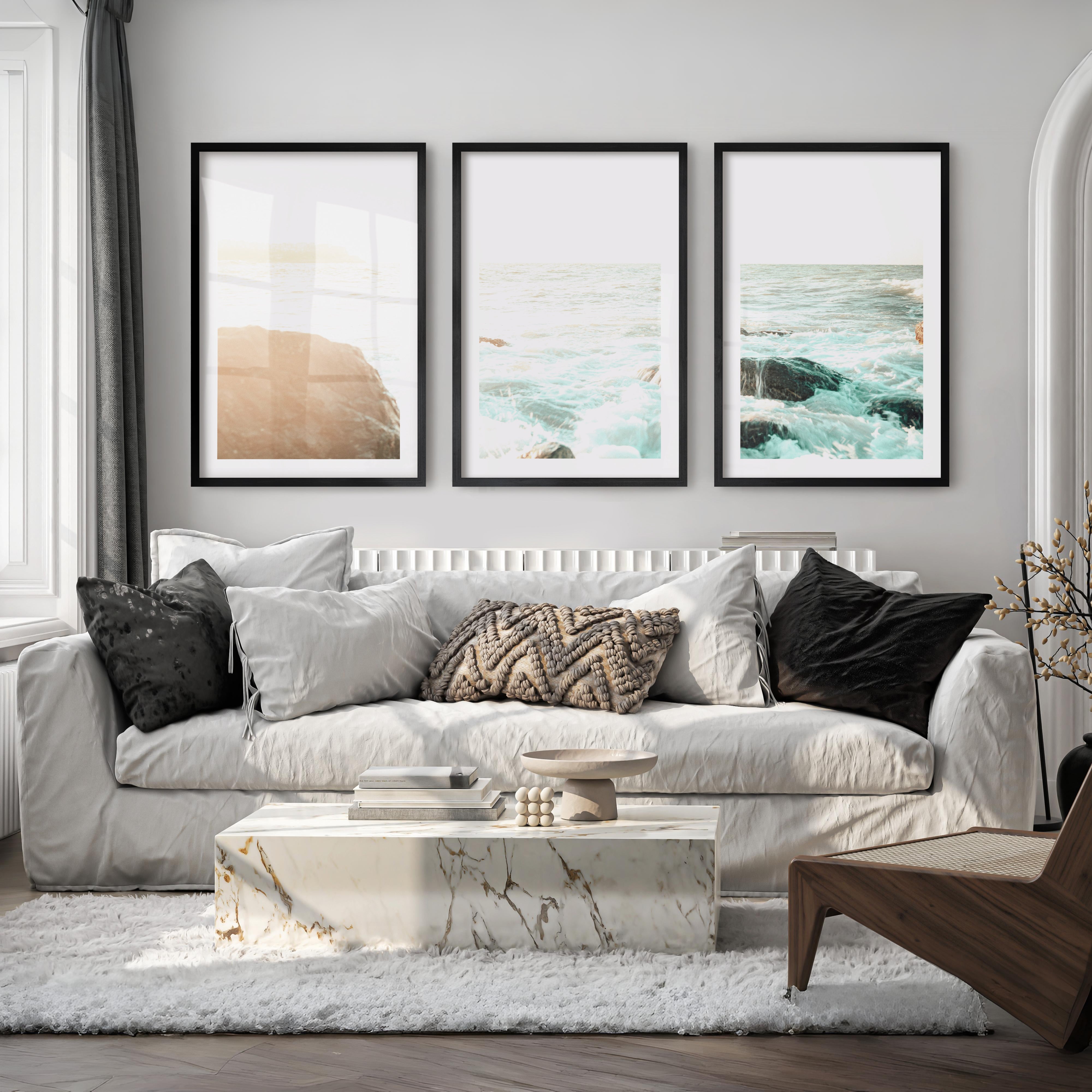 Sunlit Rock Shore beautiful ocean art - Black Framed Poster with White Border - Artworksets