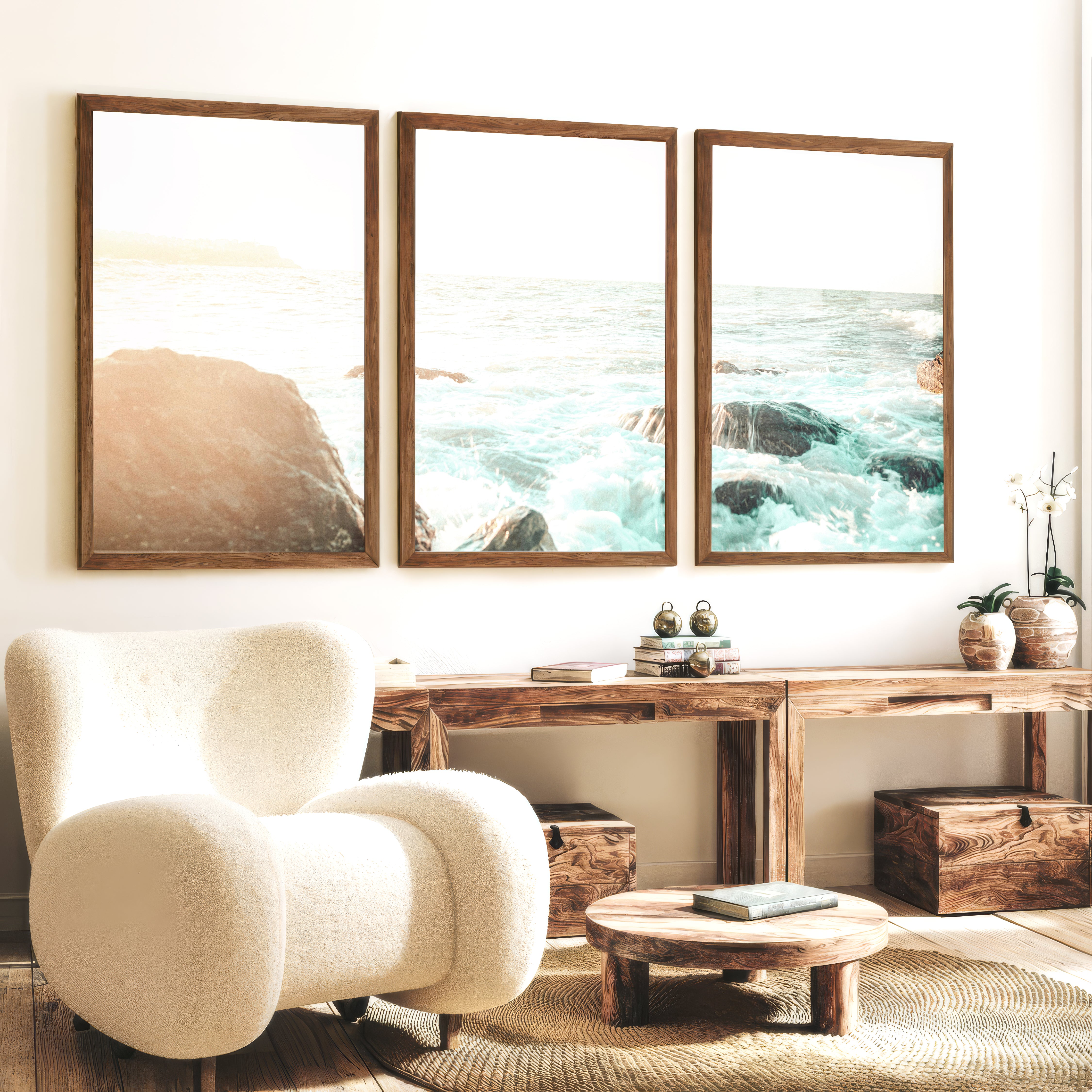 Sunlit Rock Shore beautiful ocean art - Dark Brown Framed Poster No Border - Artworksets