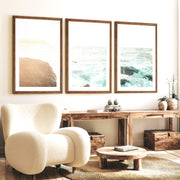 Sunlit Rock Shore beautiful ocean art - Dark Brown Framed Poster with White Border - Artworksets