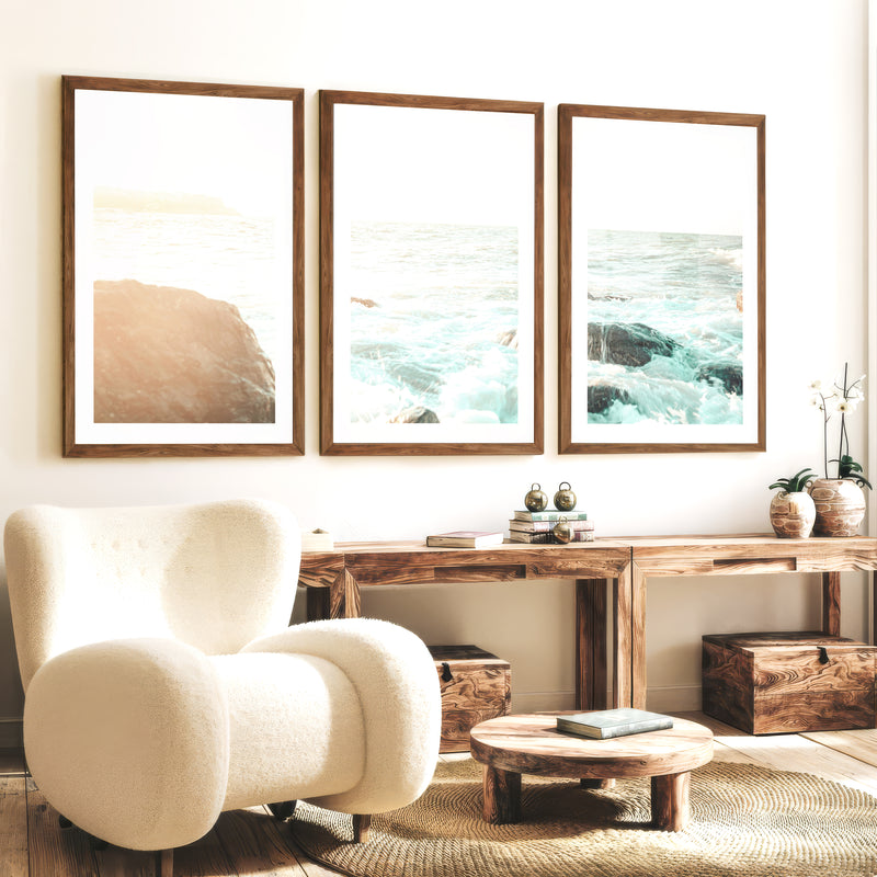 Sunlit Rock Shore beautiful ocean art - Dark Brown Framed Poster with White Border - Artworksets