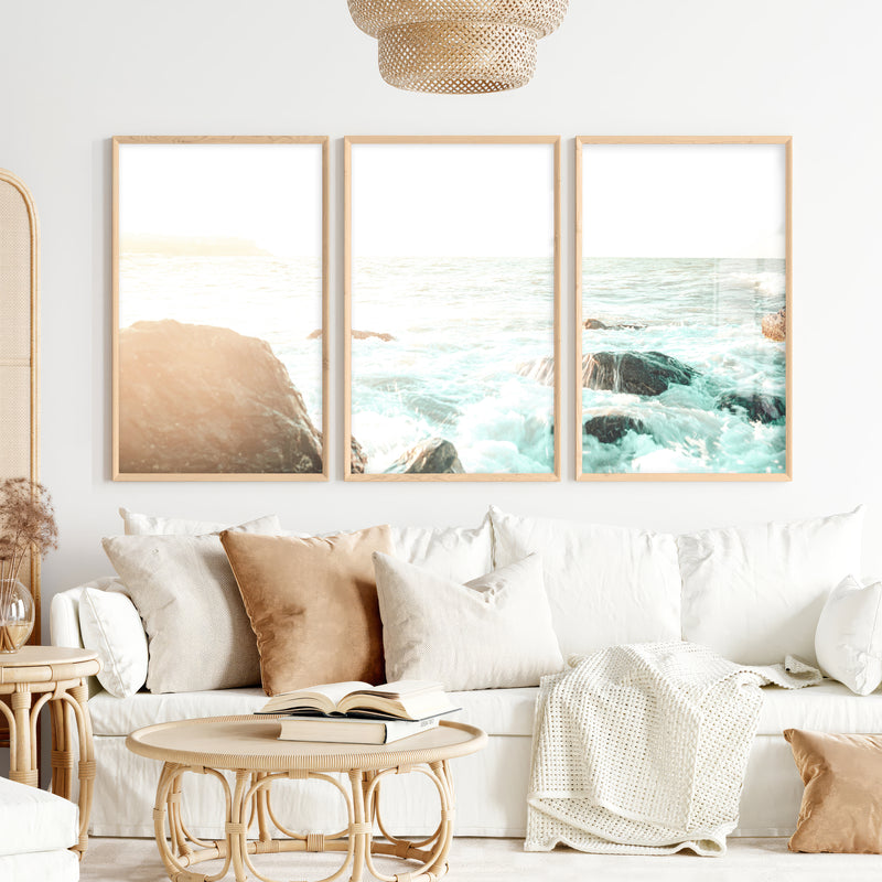 Sunlit Rock Shore beautiful ocean art - Natural Wood Framed Poster No Border - Artworksets