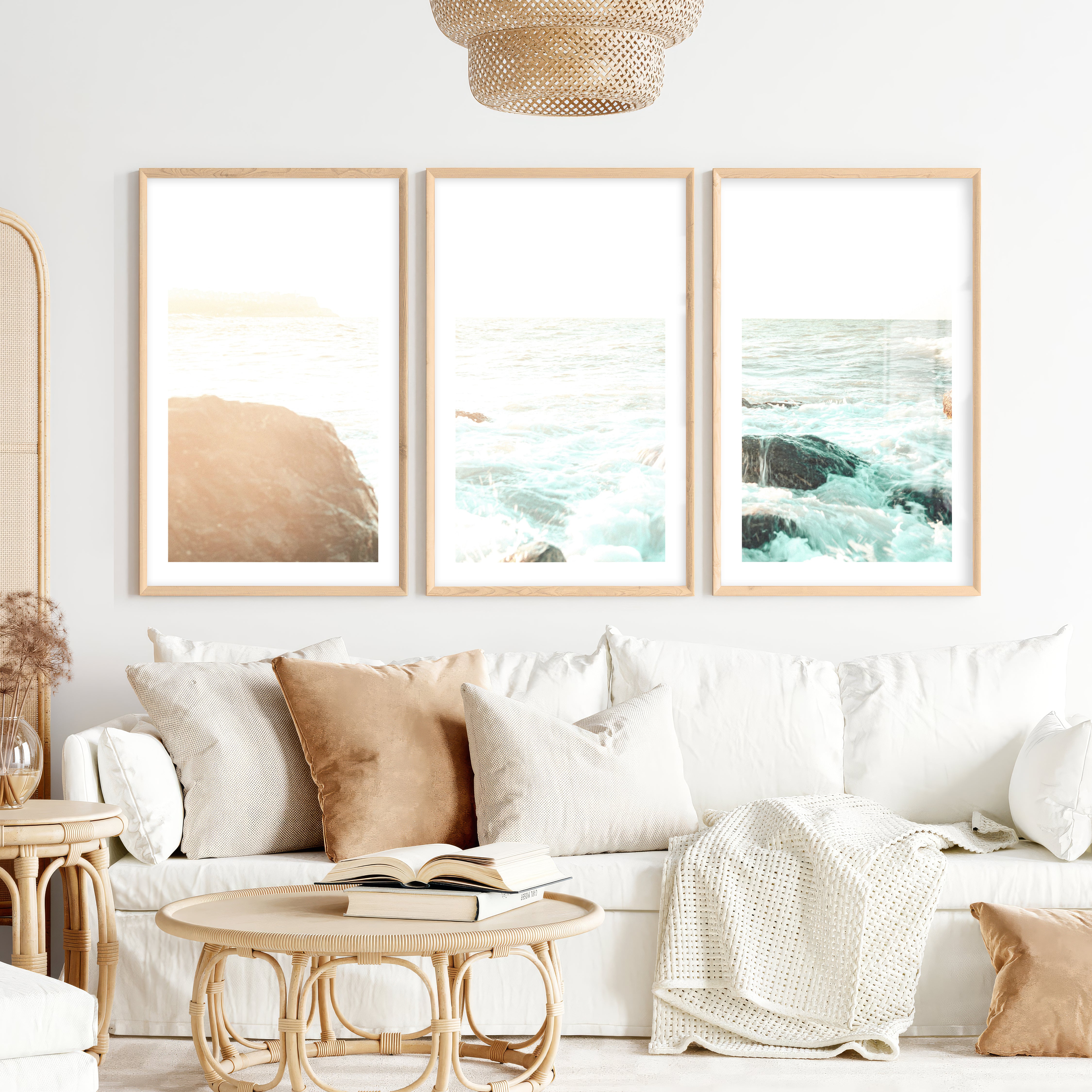Sunlit Rock Shore beautiful ocean art- Natural Wood Framed Poster with White Border - Artworksets
