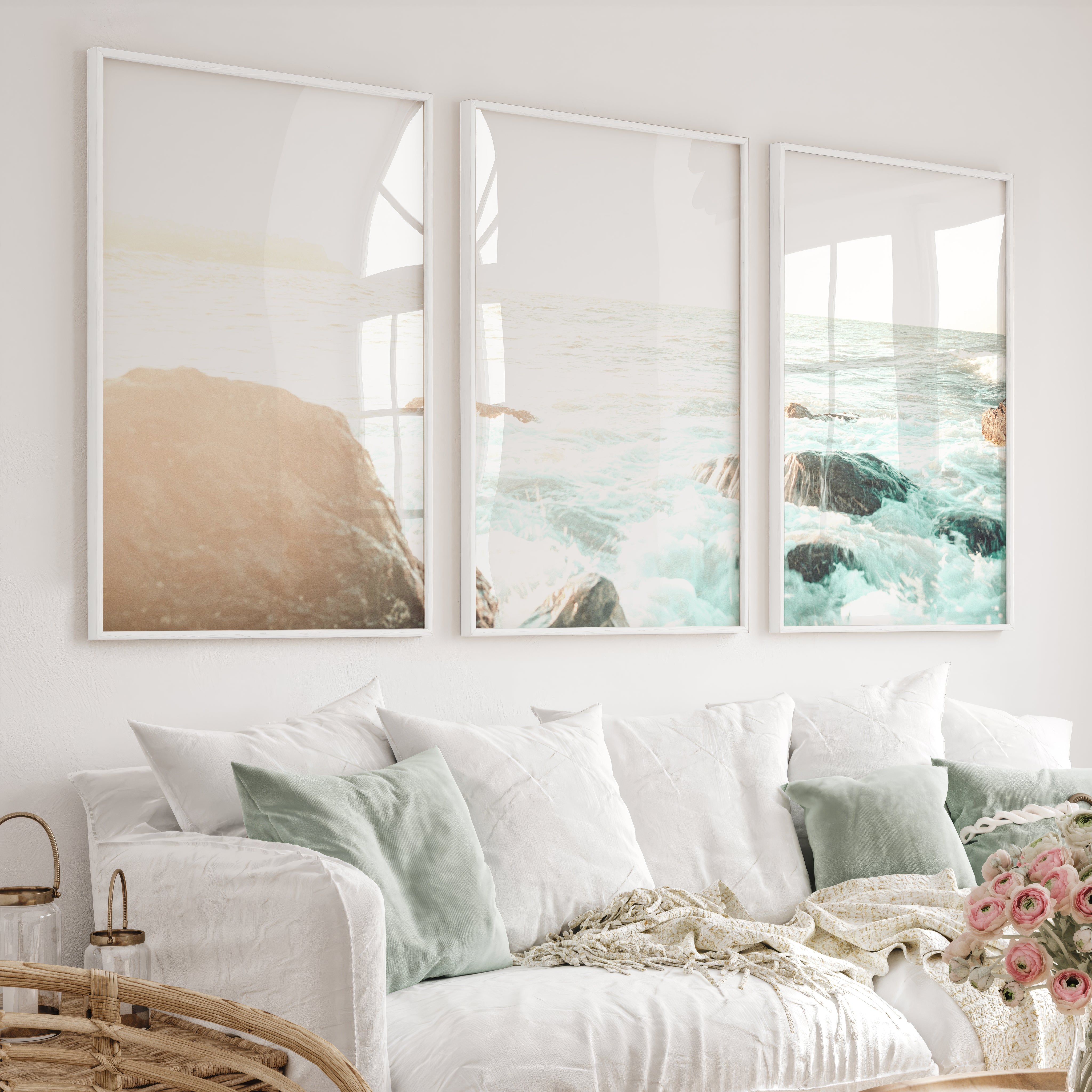 Sunlit Rock Shore beautiful ocean art - White Framed Poster No Border - Artworksets