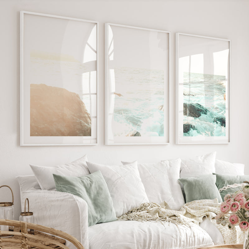 Sunlit Rock Shore beautiful ocean art - White Framed Poster with White Border - Artworksets