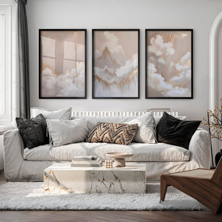 Elegant Beige Abstract Painting Triptych Wall Art - Black Framed Poster No Border - Artworksets