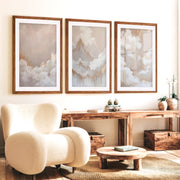 Elegant Beige Abstract Painting Triptych Wall Art - Dark Brown Framed Poster with White Border - Artworksets