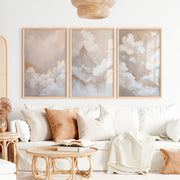 Elegant Beige Abstract Painting Triptych Wall Art - Natural Wood Framed Poster No Border - Artworksets