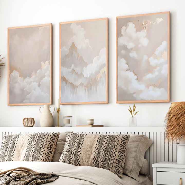 Elegant Beige Abstract Painting Triptych Wall Art - Natural Wood Framed Poster No Border - Artworksets