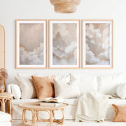 Elegant Beige Abstract Painting Triptych Wall Art- Natural Wood Framed Poster with White Border - Artworksets