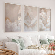 Elegant Beige Abstract Painting Triptych Wall Art - White Framed Poster No Border - Artworksets