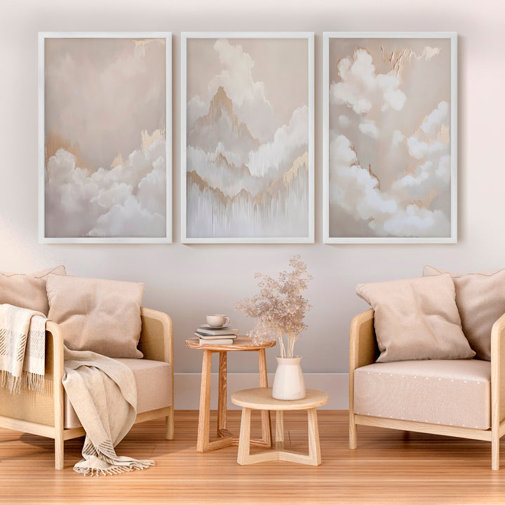 Elegant Beige Abstract Painting Triptych Wall Art - White Framed Poster No Border - Artworksets