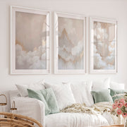 Elegant Beige Abstract Painting Triptych Wall Art - White Framed Poster with White Border - Artworksets