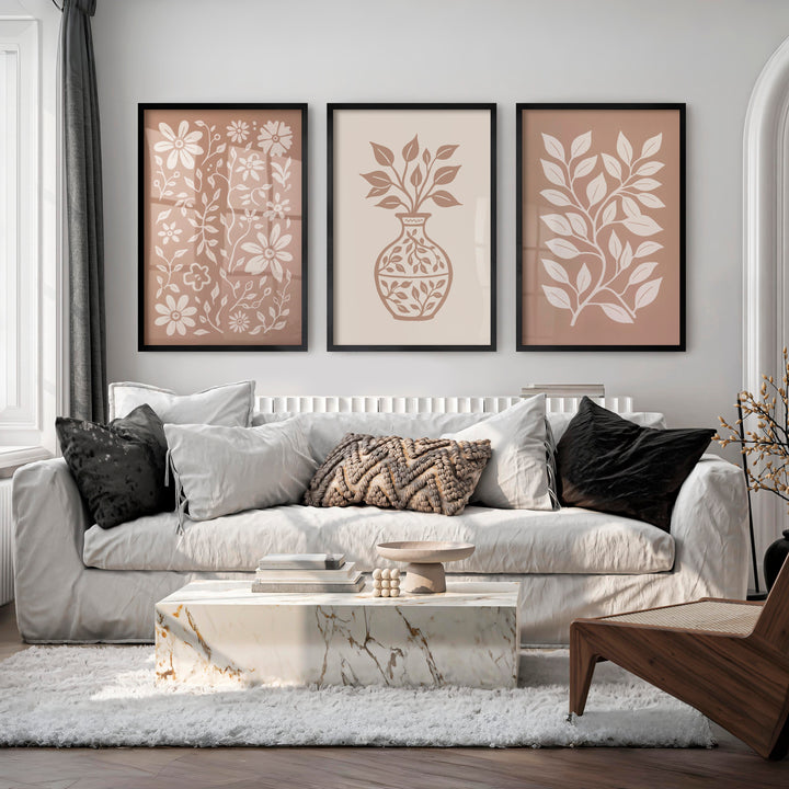 Beige Boho Abstract Painting – Neutral Floral Wall Art - Black Framed Poster No Border - Artworksets