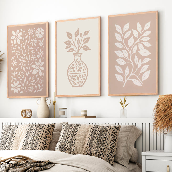 Beige Boho Abstract Painting – Neutral Floral Wall Art - Natural Wood Framed Poster No Border - Artworksets