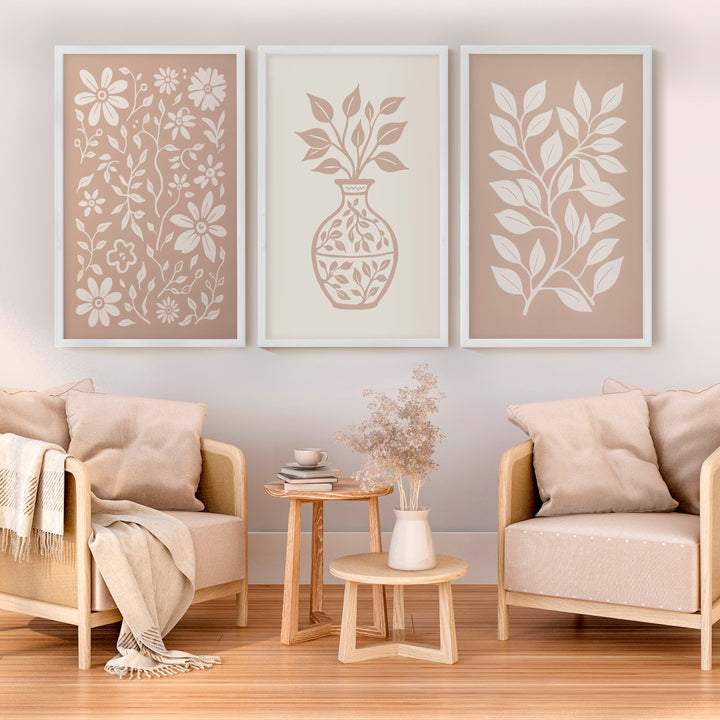Beige Boho Abstract Painting – Neutral Floral Wall Art - White Framed Poster No Border - Artworksets